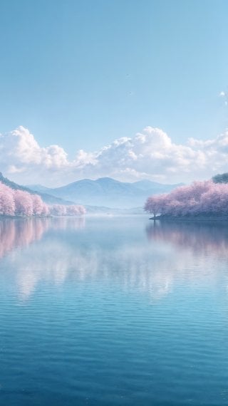 Lago rodeado de árboles de cerezo en flor en primavera Fondo de pantalla