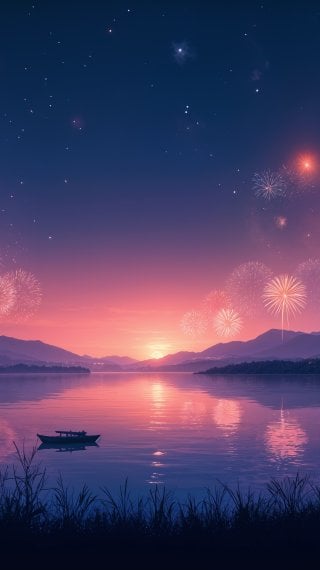 Lake and Mountains with Fireworks at Night Wallpaper