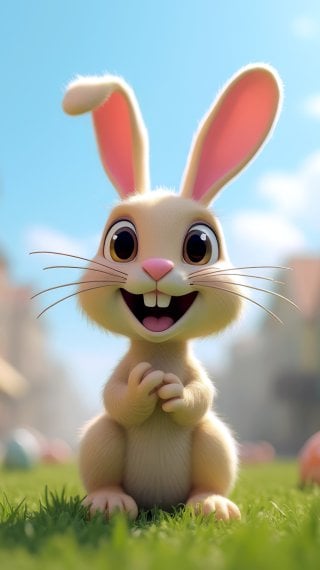 Conejo de Pascua animado 3D en jardín con huevos decorados Fondo de pantalla
