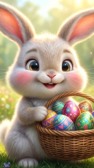 Cute 3D Easter Bunny with Basket of Eggs – Spring Wallpaper