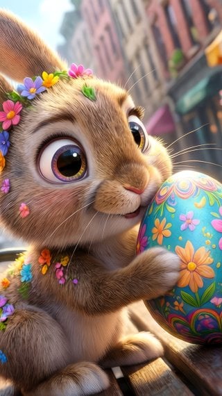 Coneja de Pascua 3D con huevo decorado de flores en escena urbana Fondo de pantalla
