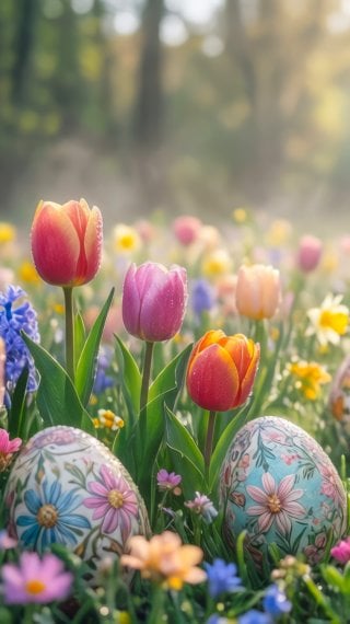 Realistic Flowers with Decorated Easter Eggs Wallpaper