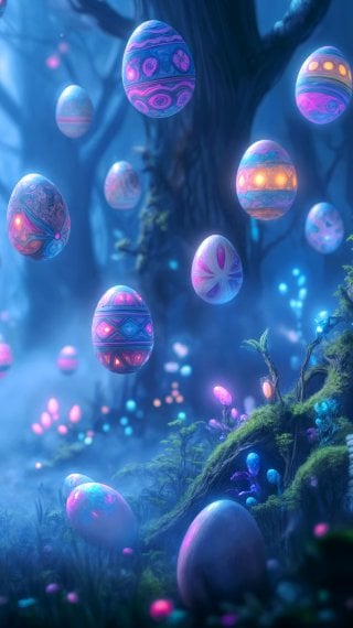 Glowing Easter Eggs in an Enchanted Forest – Surreal Wallpaper
