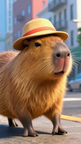 Urban 3D Capybara in City Street with Hat Wallpaper