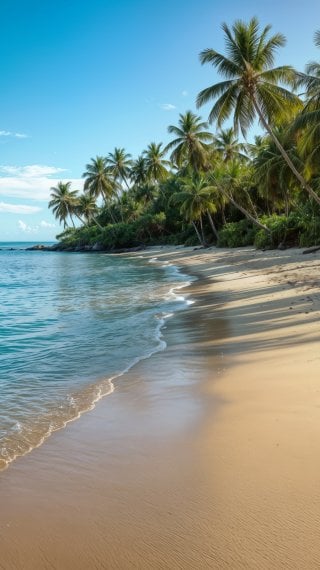 Playa tropical con olas calmadas y palmeras Fondo de pantalla