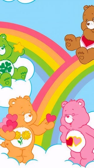 Drawing of the Care Bears among the sun, clouds, a rainbow, and stars Wallpaper