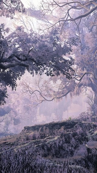 Forest with violet and lavender-colored vegetation - Ruins of Wyveria in Monster Hunter Wilds Wallpaper