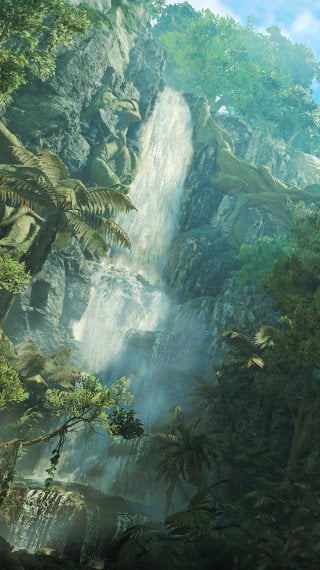 Cascada y ruinas cubiertas de vegetación, Bosque Escarlata - Monster Hunter Wilds Fondo de pantalla