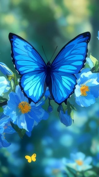 Mariposa azul entre flores celestes - Ilustración Anime Fondo de pantalla
