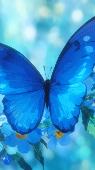 Mariposa azul entre flores celestes - Fantasía Anime Fondo de pantalla