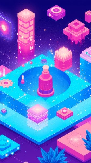 Ilustración isométrica pixel art Y2K de un parque de juegos cibernético Fondo de pantalla