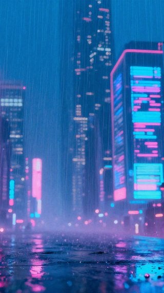 Neon Rain Path Through a Cyberpunk City Wallpaper