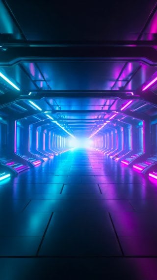 Infinite sci-fi tunnel with neon lights Wallpaper