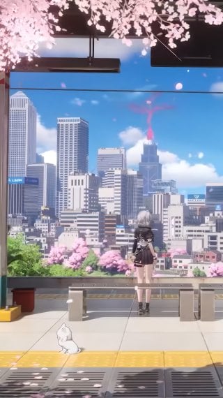 Chica anime en estación de tren con flores de cerezo Fondo de pantalla