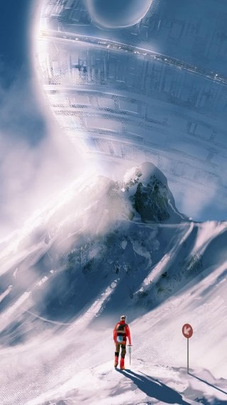 Man beside spaceship in snow Wallpaper