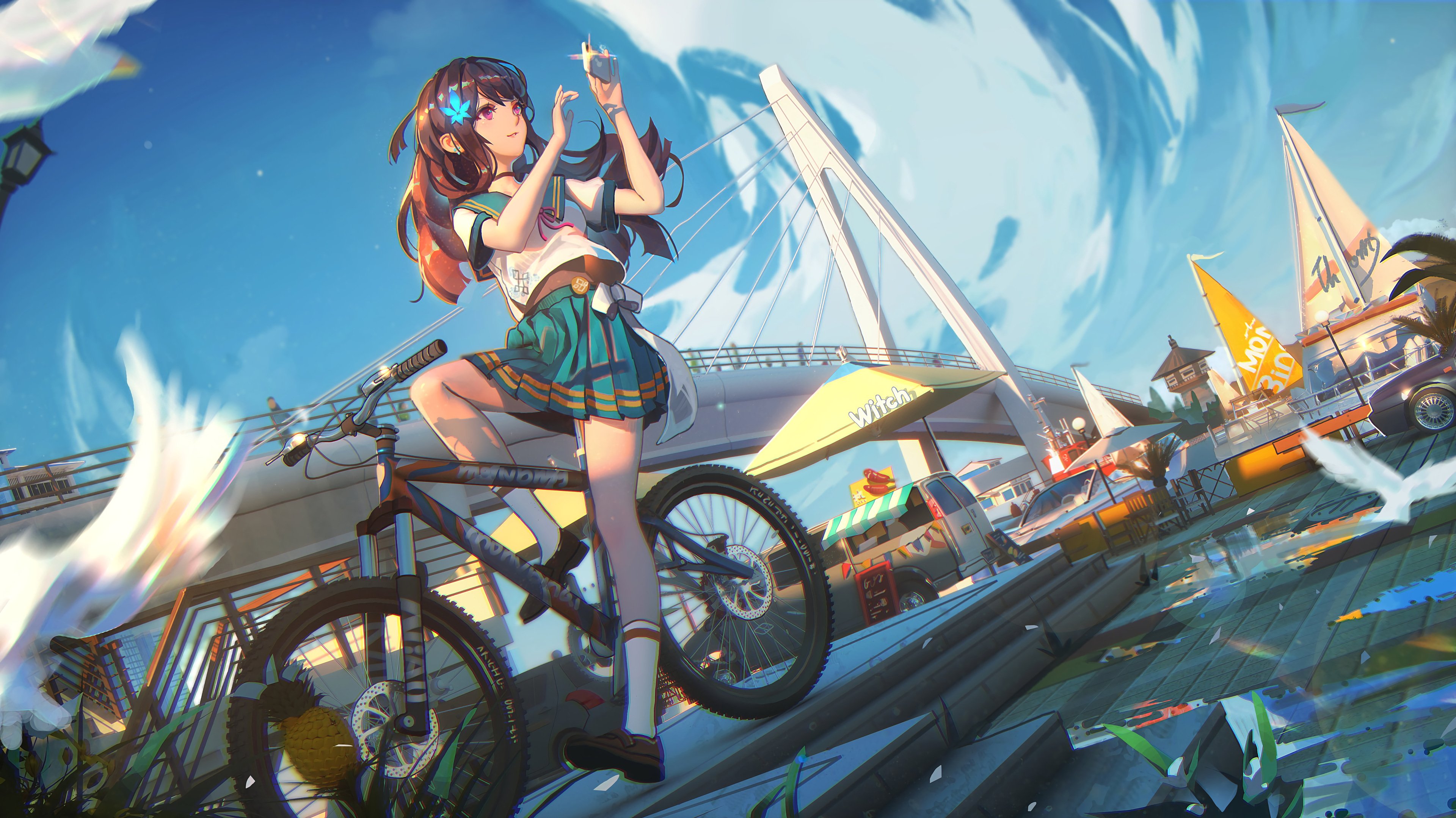 Fondos de pantalla Anime chica estudiante en bicicleta