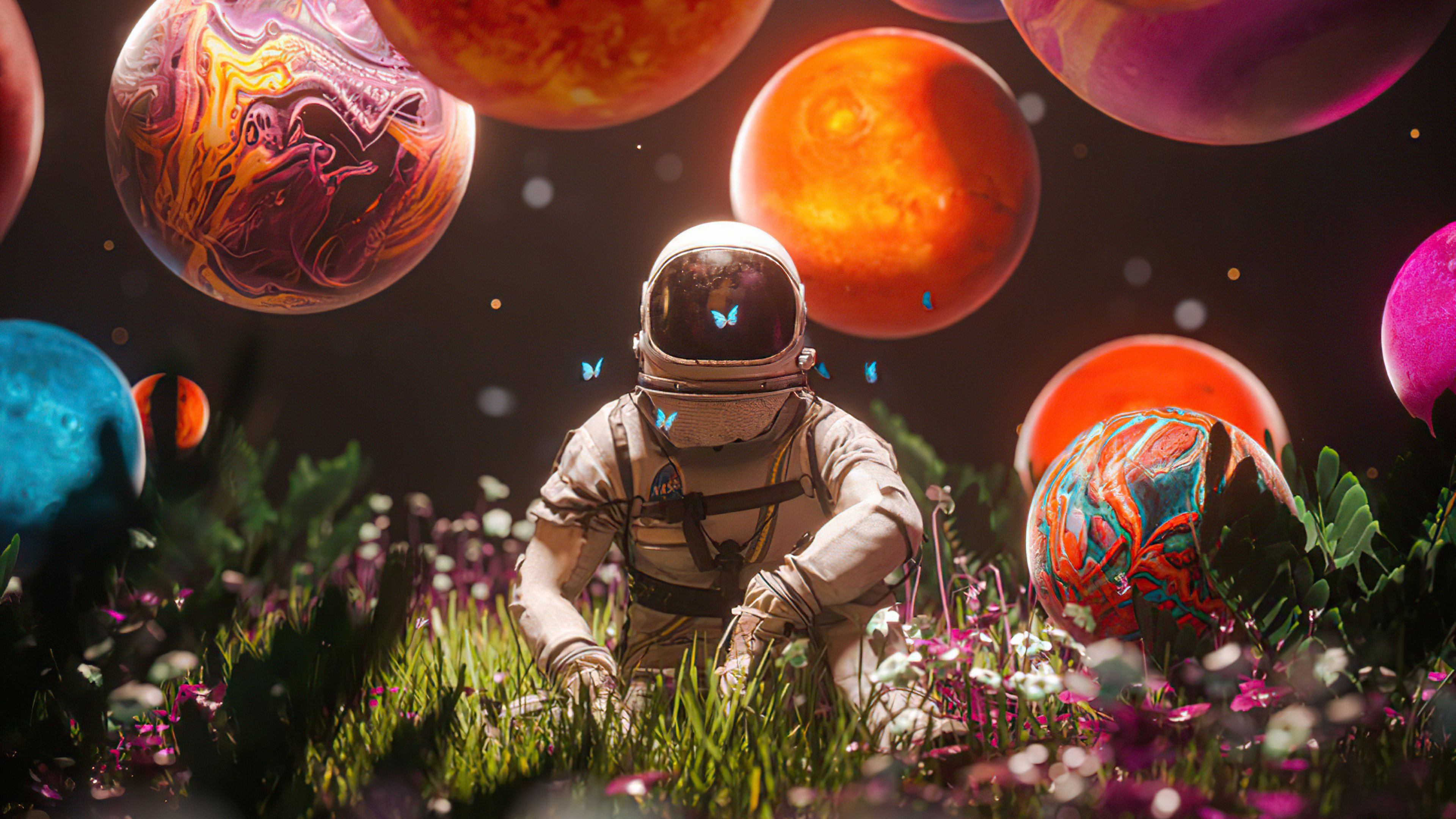 Wallpaper Astronaut with planets and flowers