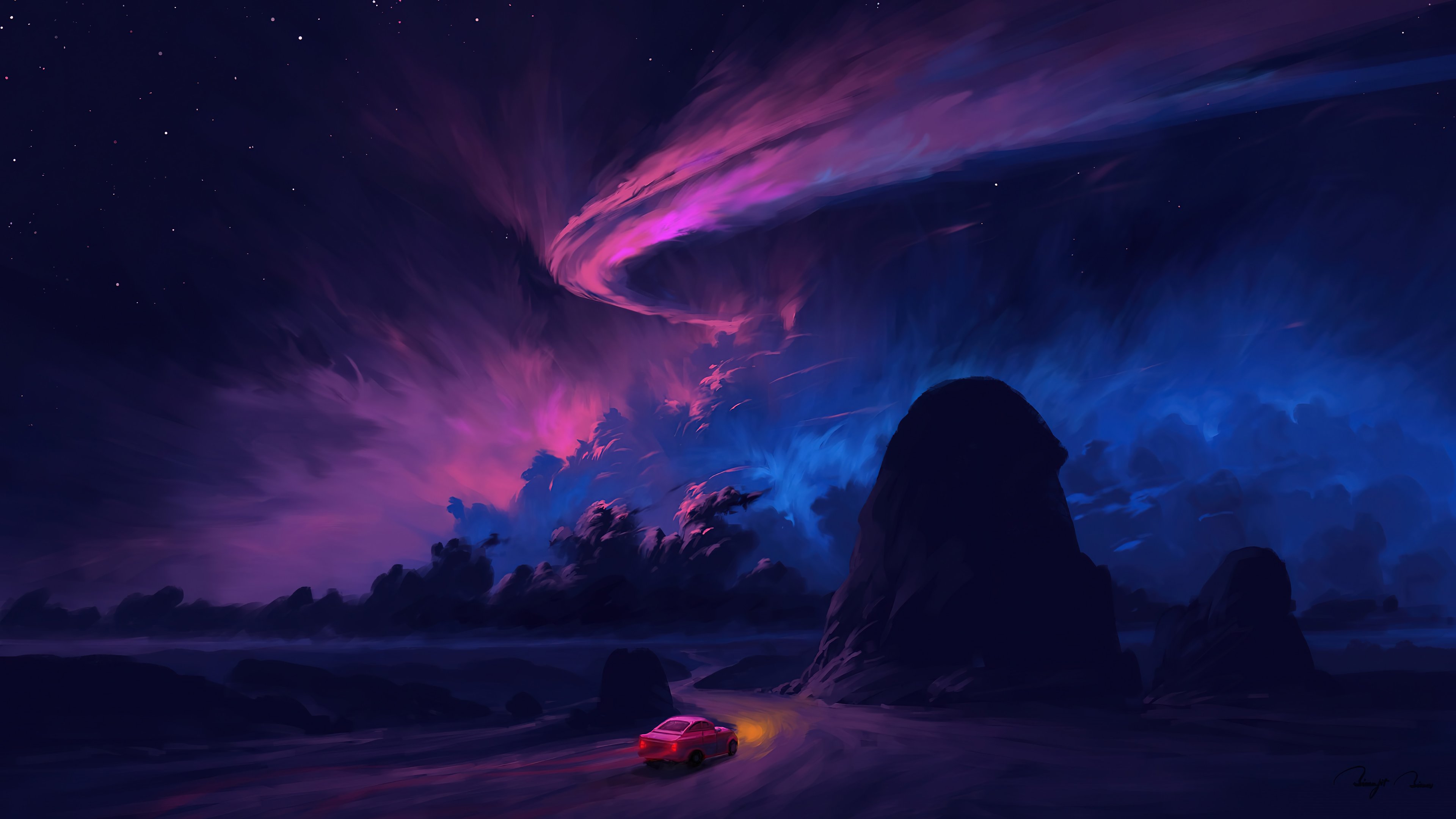 Wallpaper Car on the road with night sky Digital Art