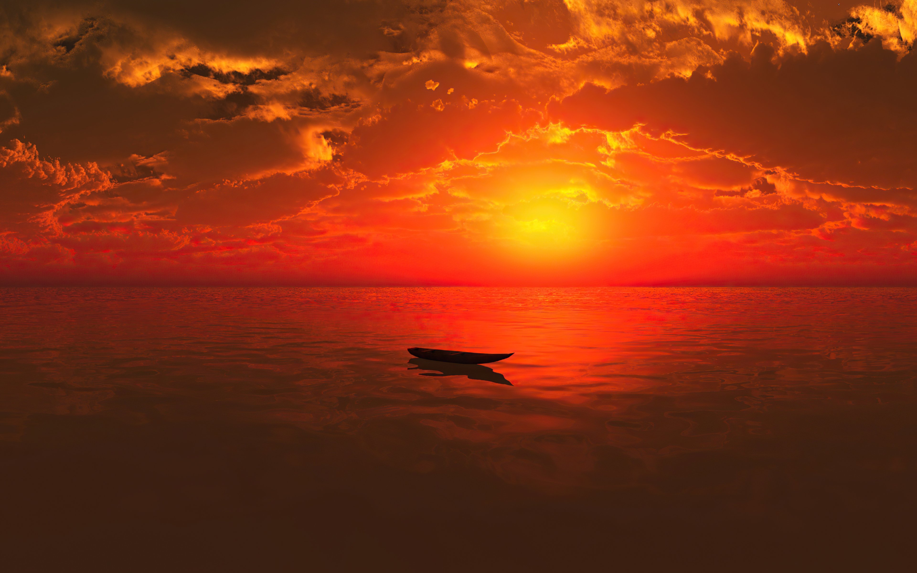 Wallpaper Boat in the middle of the sea at sunset