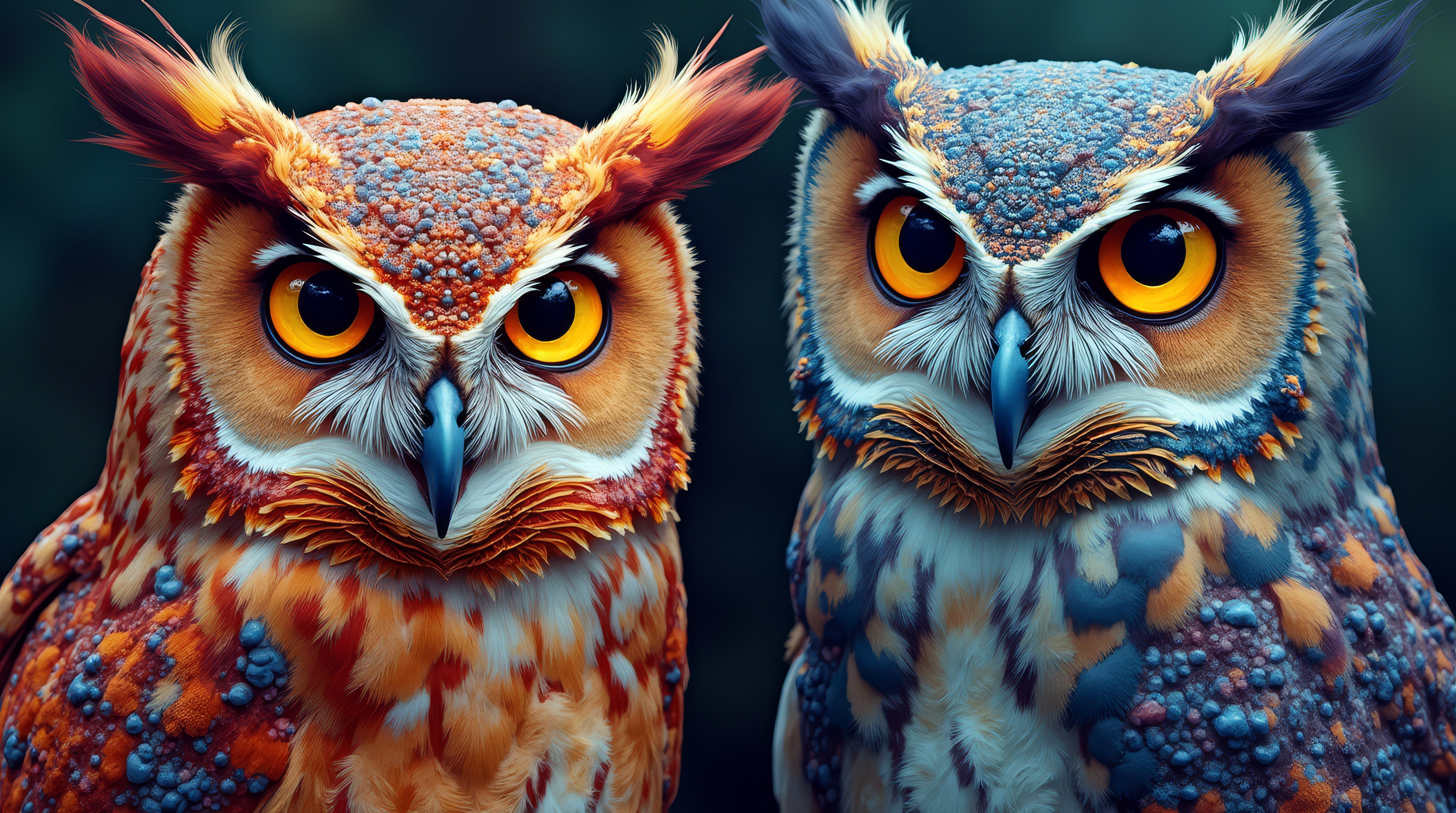 Fondos de pantalla Owls with fur of abstract patterns and unreal colors