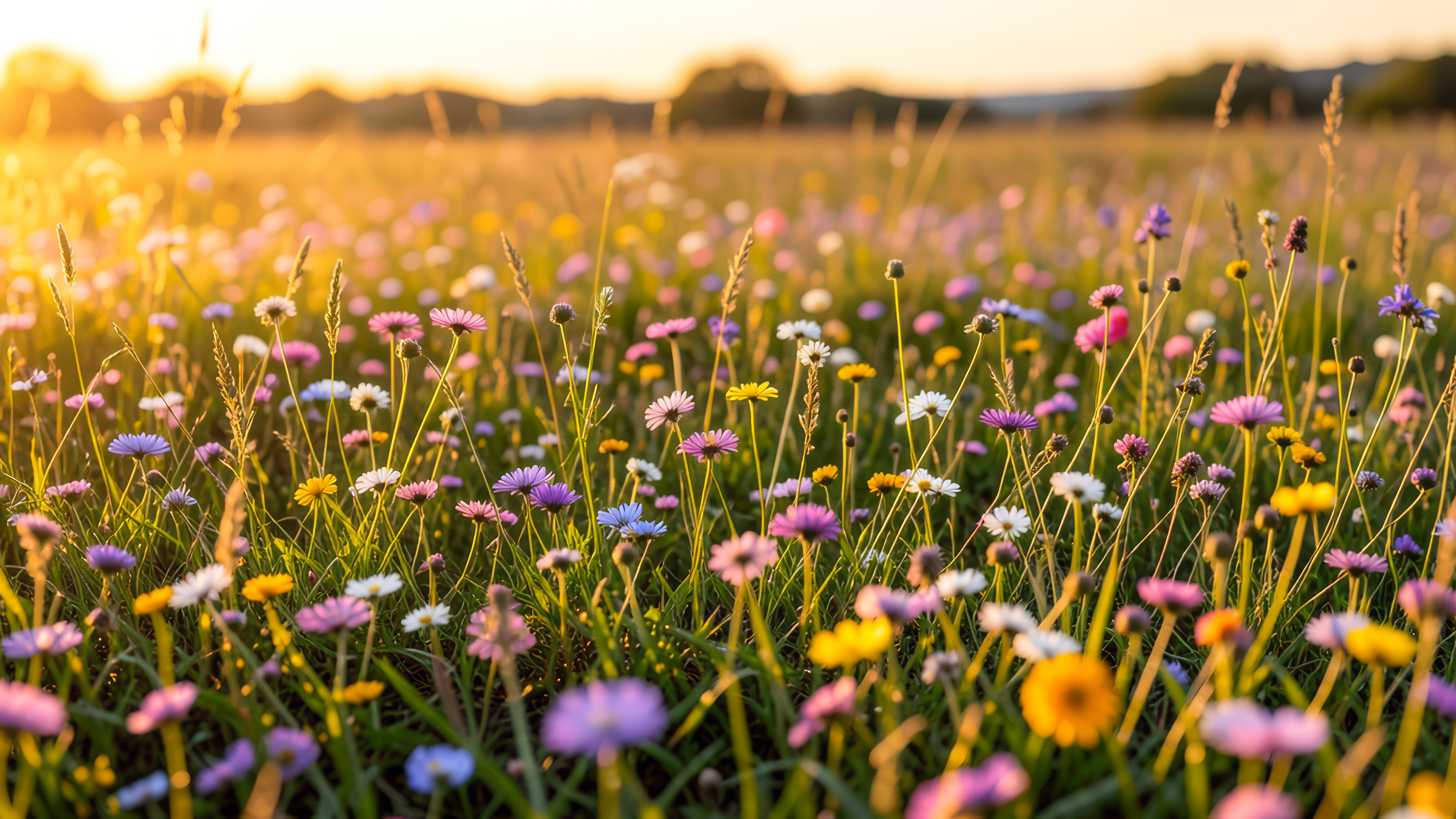 Fondos de pantalla Campo lleno de flores silvestres en primavera con luz dorada del atardecer