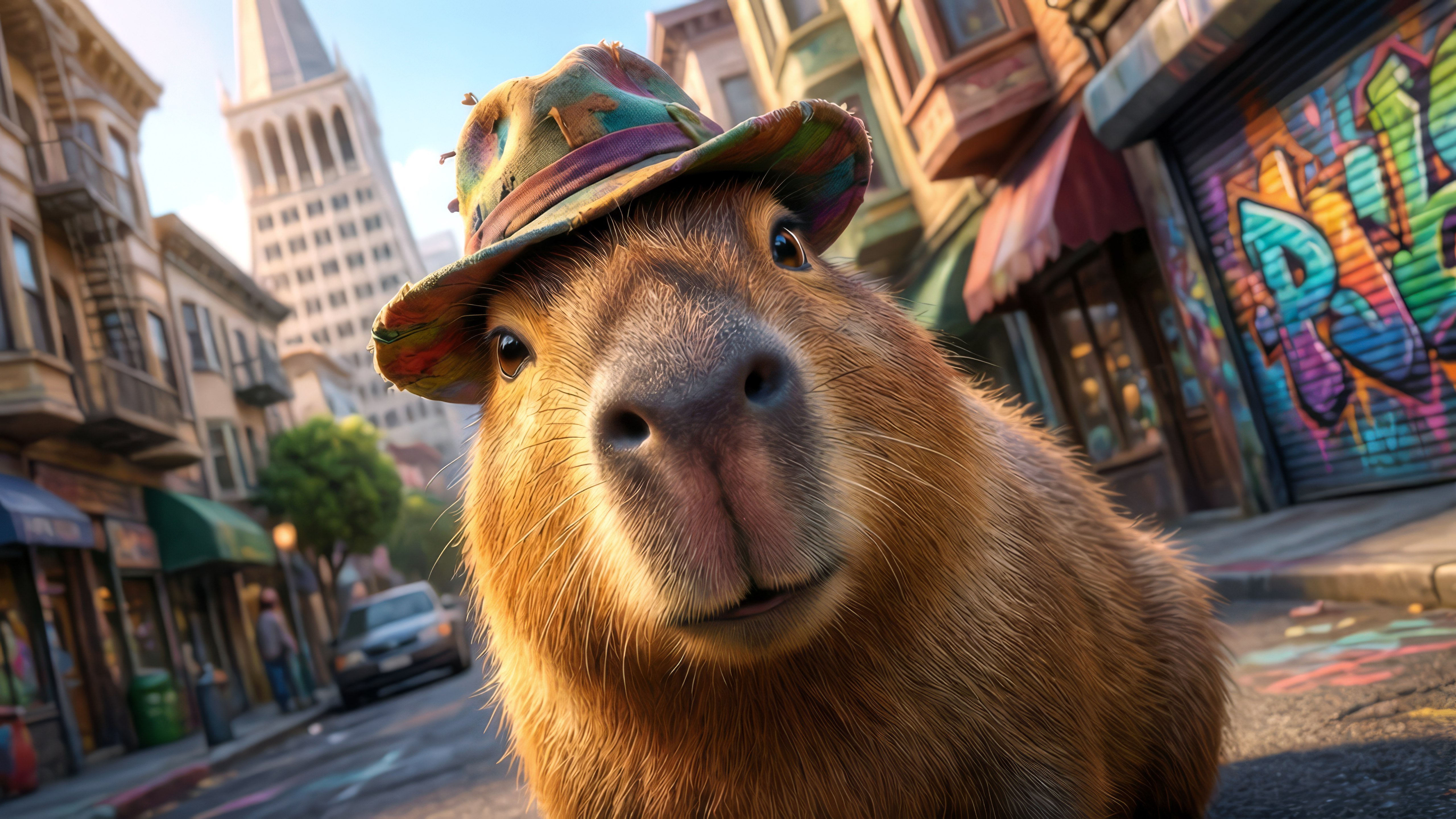 Fondos de pantalla Realistic 3D Capybara with Hat on a San Francisco Street