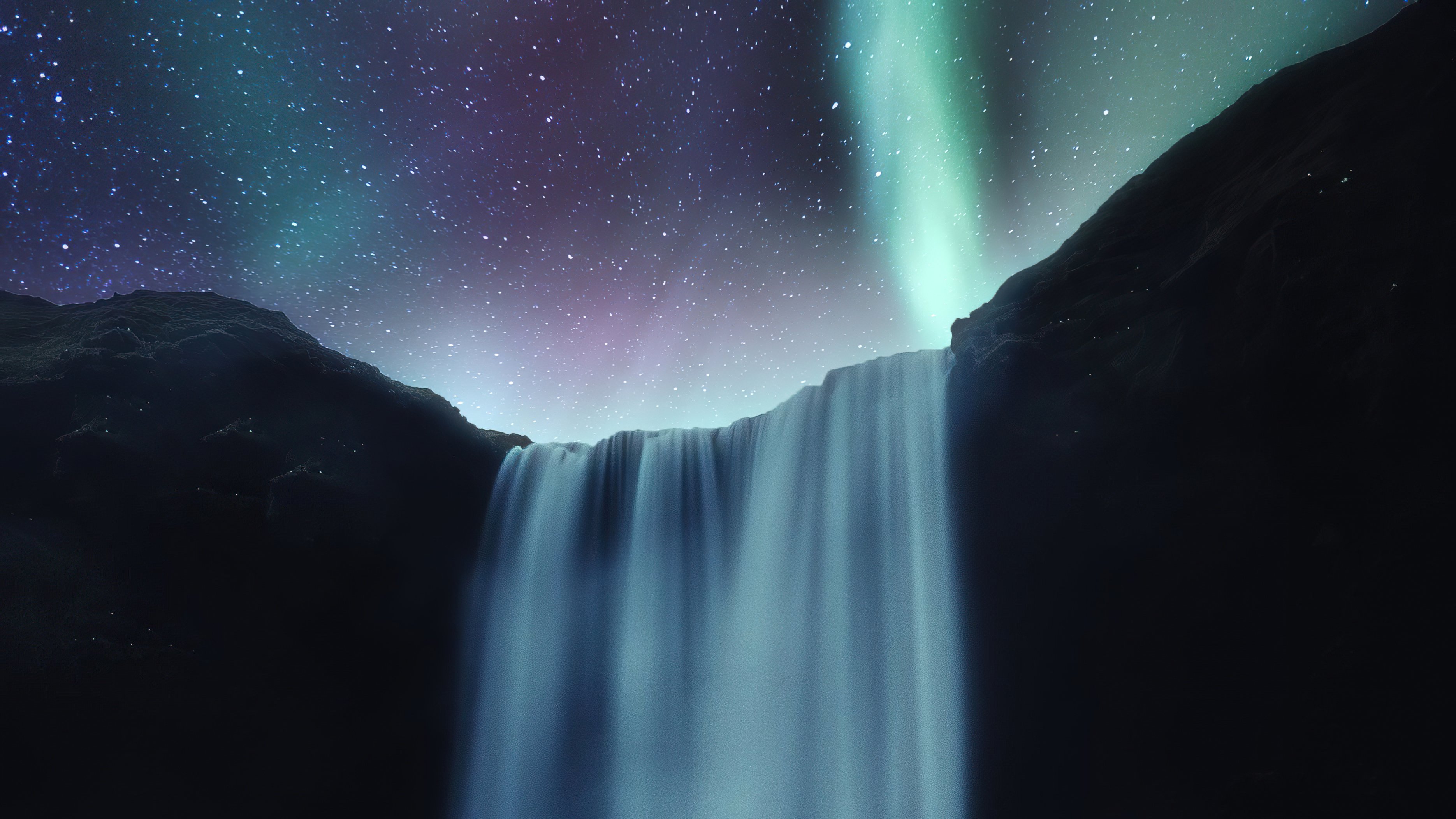 Wallpaper Waterfall with northern lights