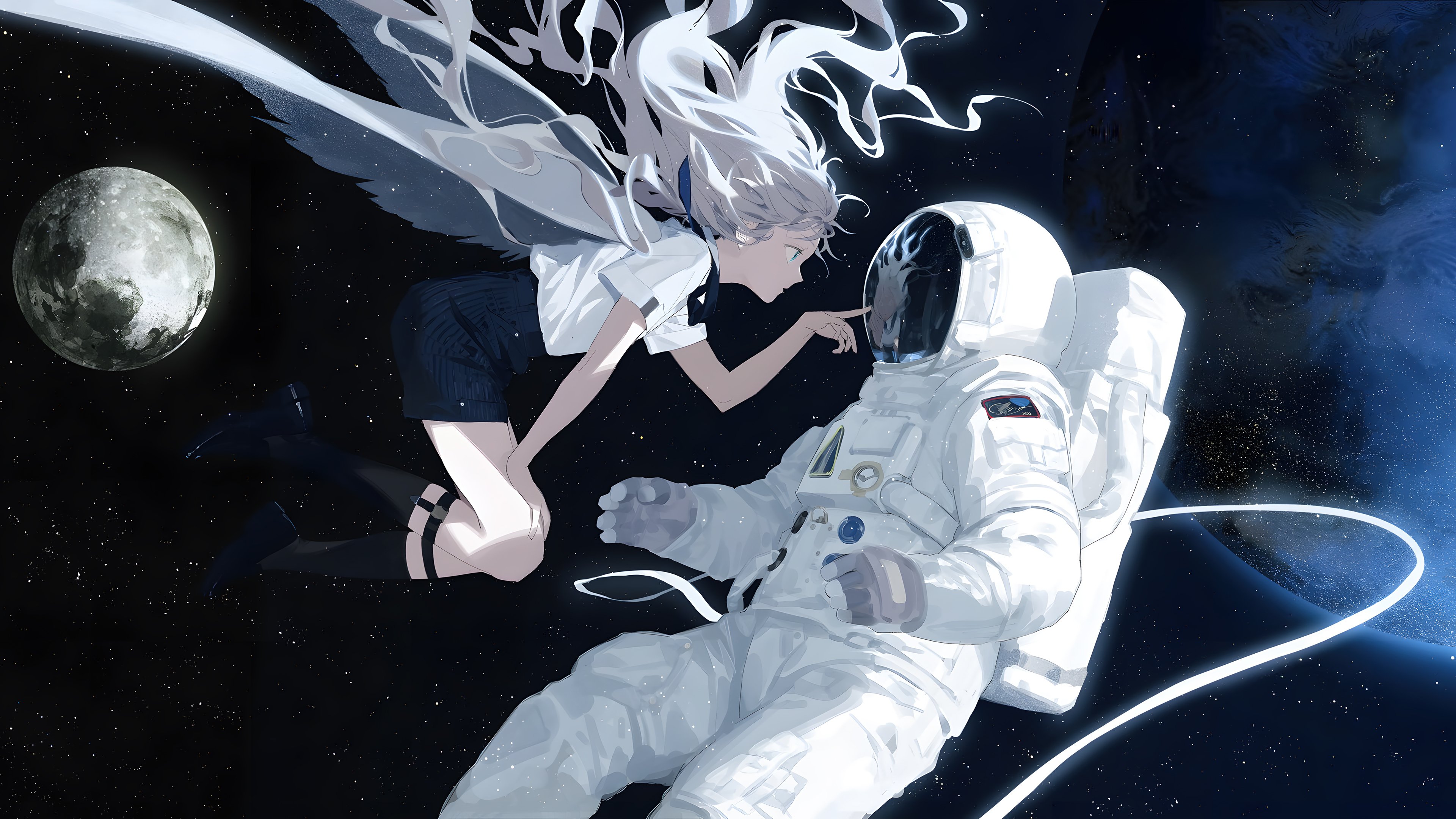 Wallpaper Anime girl with wings and astronaut