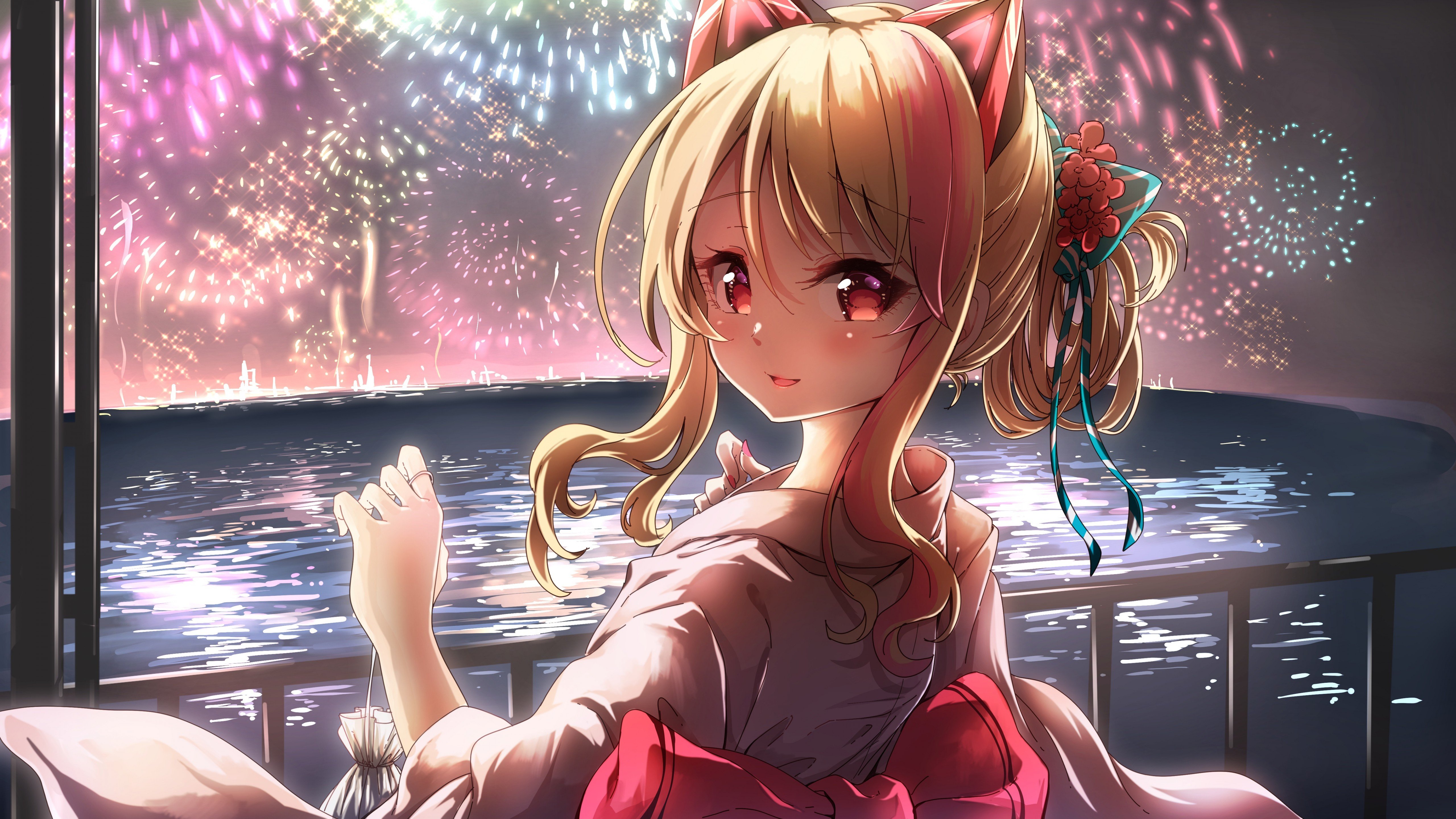 Wallpaper Anime girl with fireworks