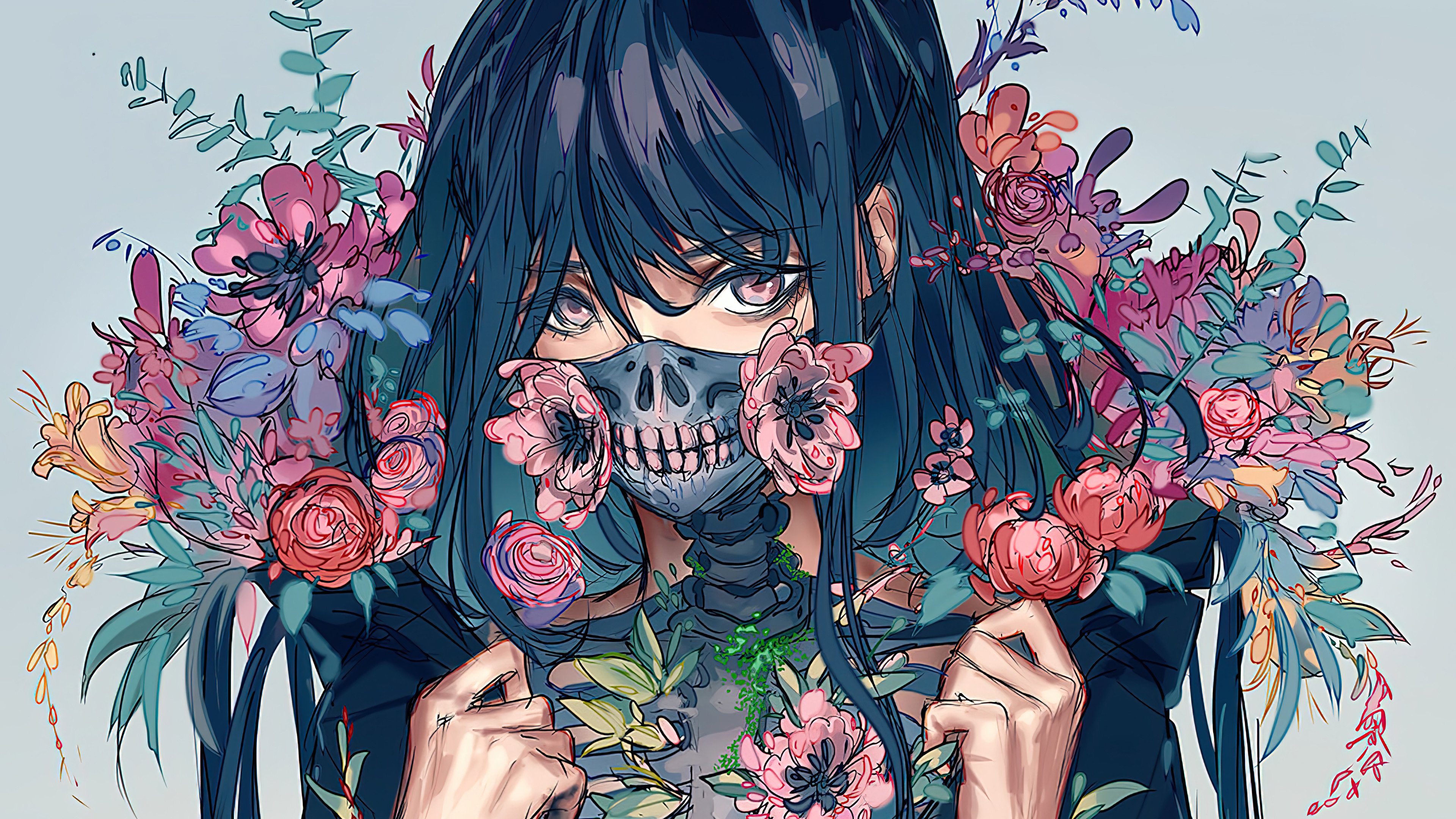 Fondos de pantalla Chica anime con mascara y flores