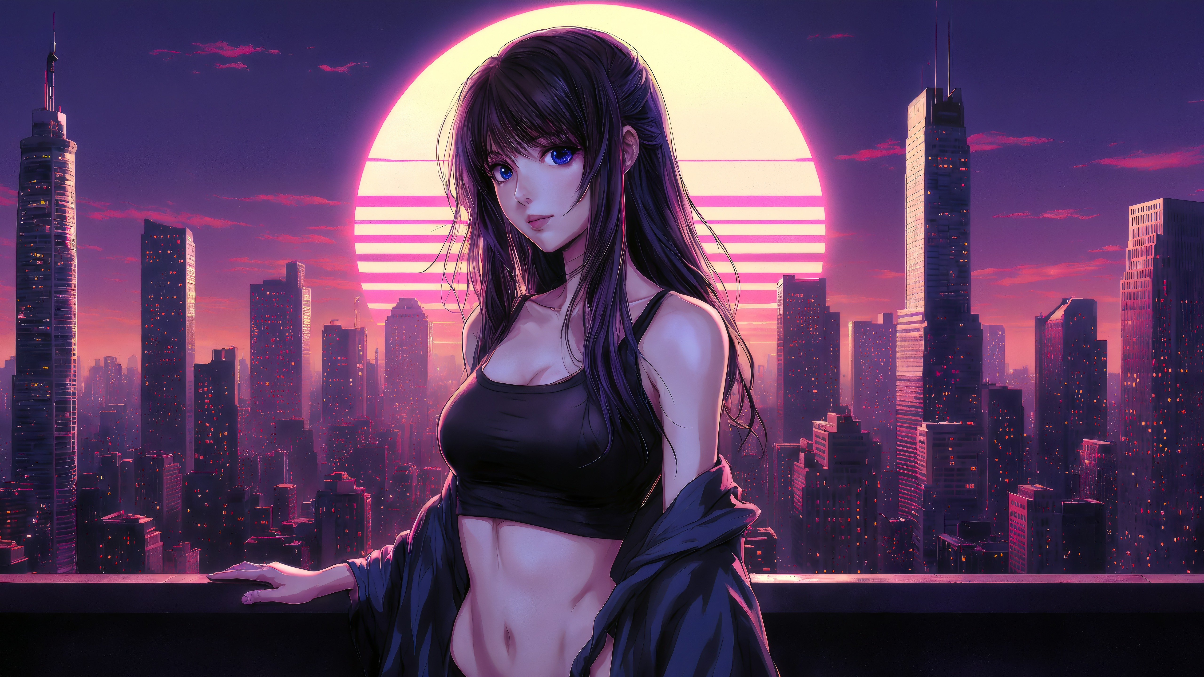 Fondos de pantalla Anime girl in a Retrowave Synthwave-style city