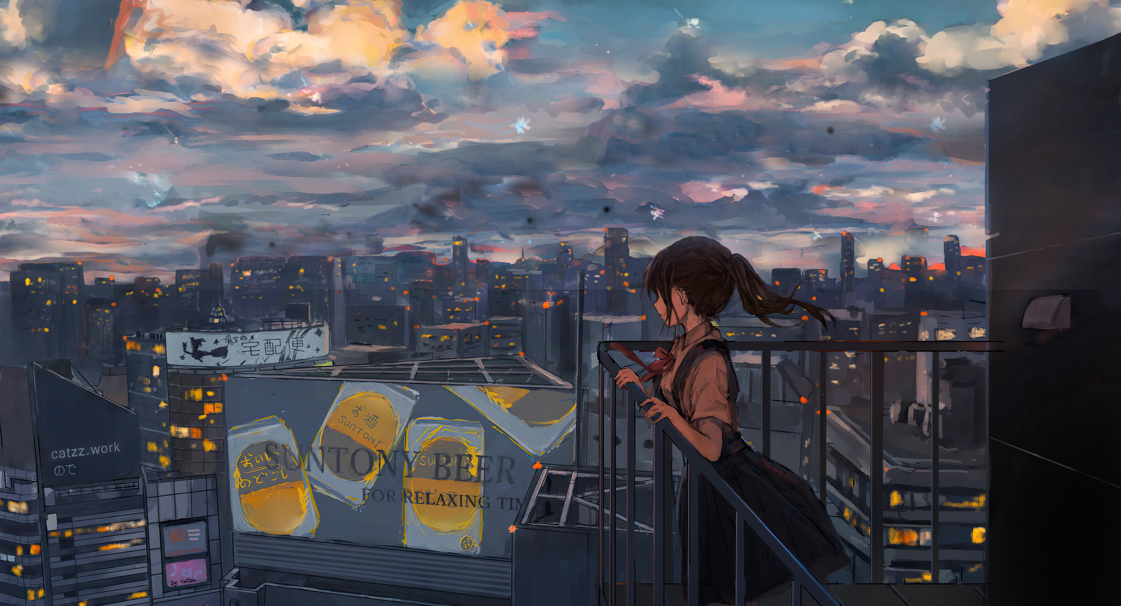 Wallpaper Anime girl looking at the city