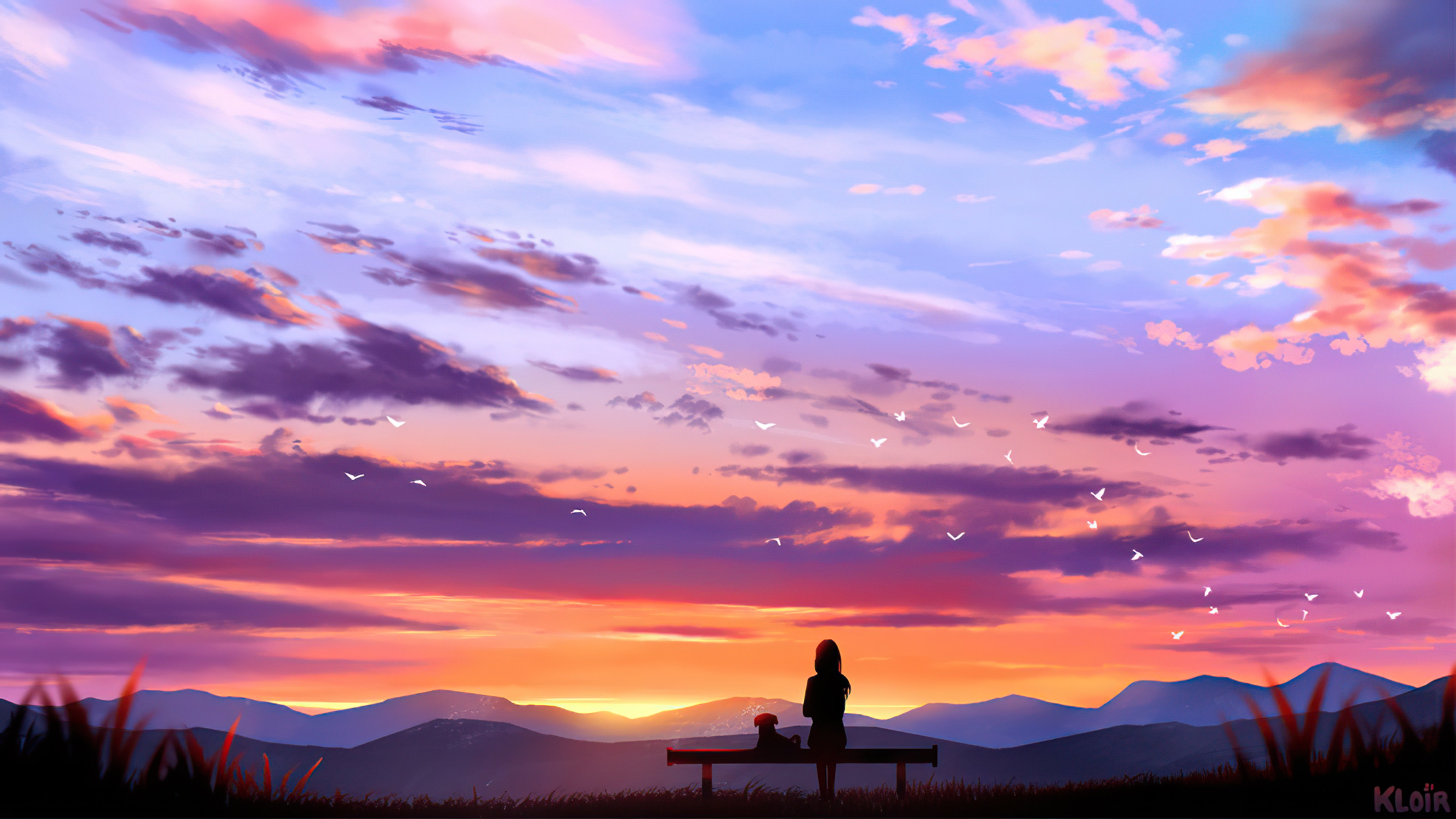 Wallpaper Girl with dog looking at the sunset Digital Art