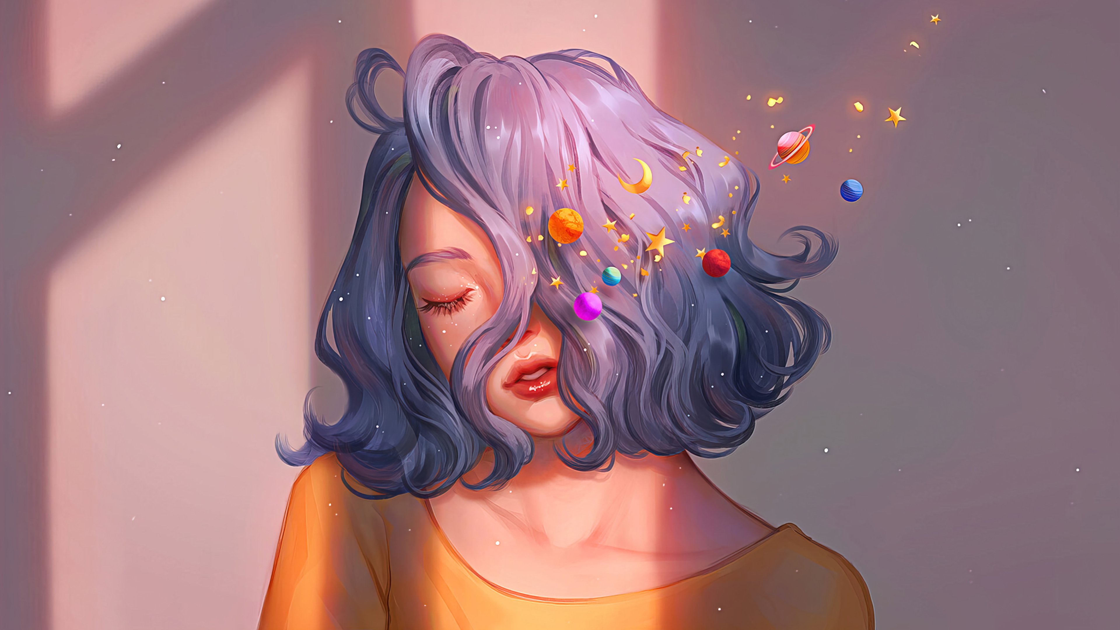 Fondos de pantalla Chica con planetas en cabello azul Digital Art