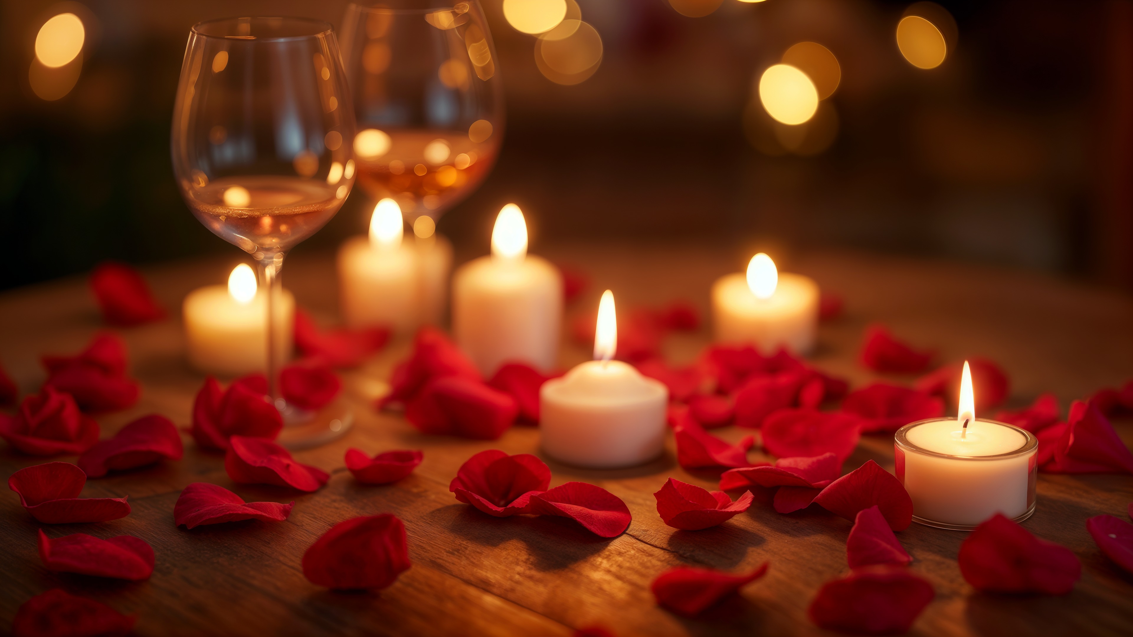 Fondos de pantalla Cita romántica con velas, pétalos de rosa sobre la mesa y copas de vino