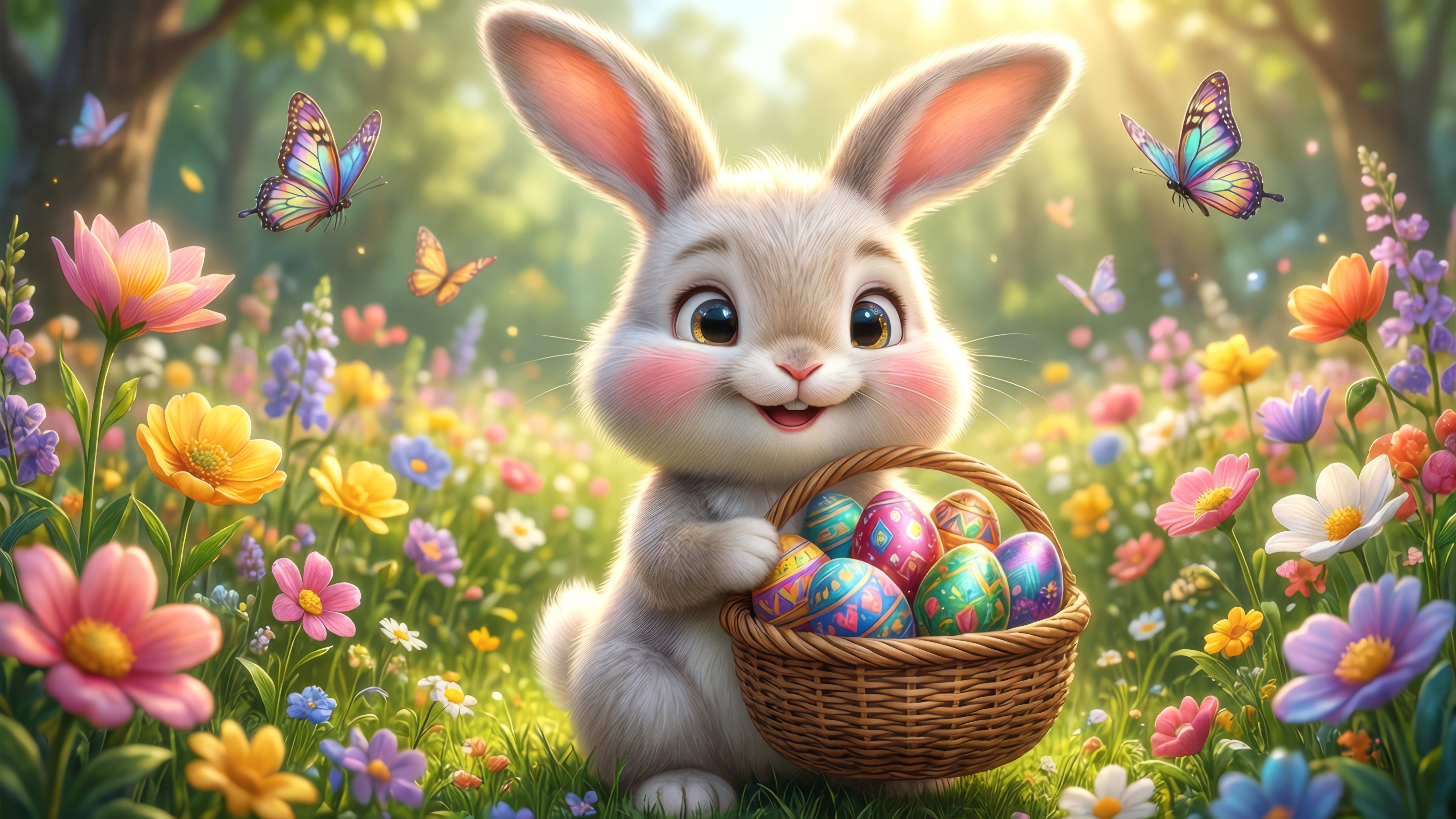 Fondos de pantalla Conejo de Pascua 3D con canasta de huevos – paisaje primaveral