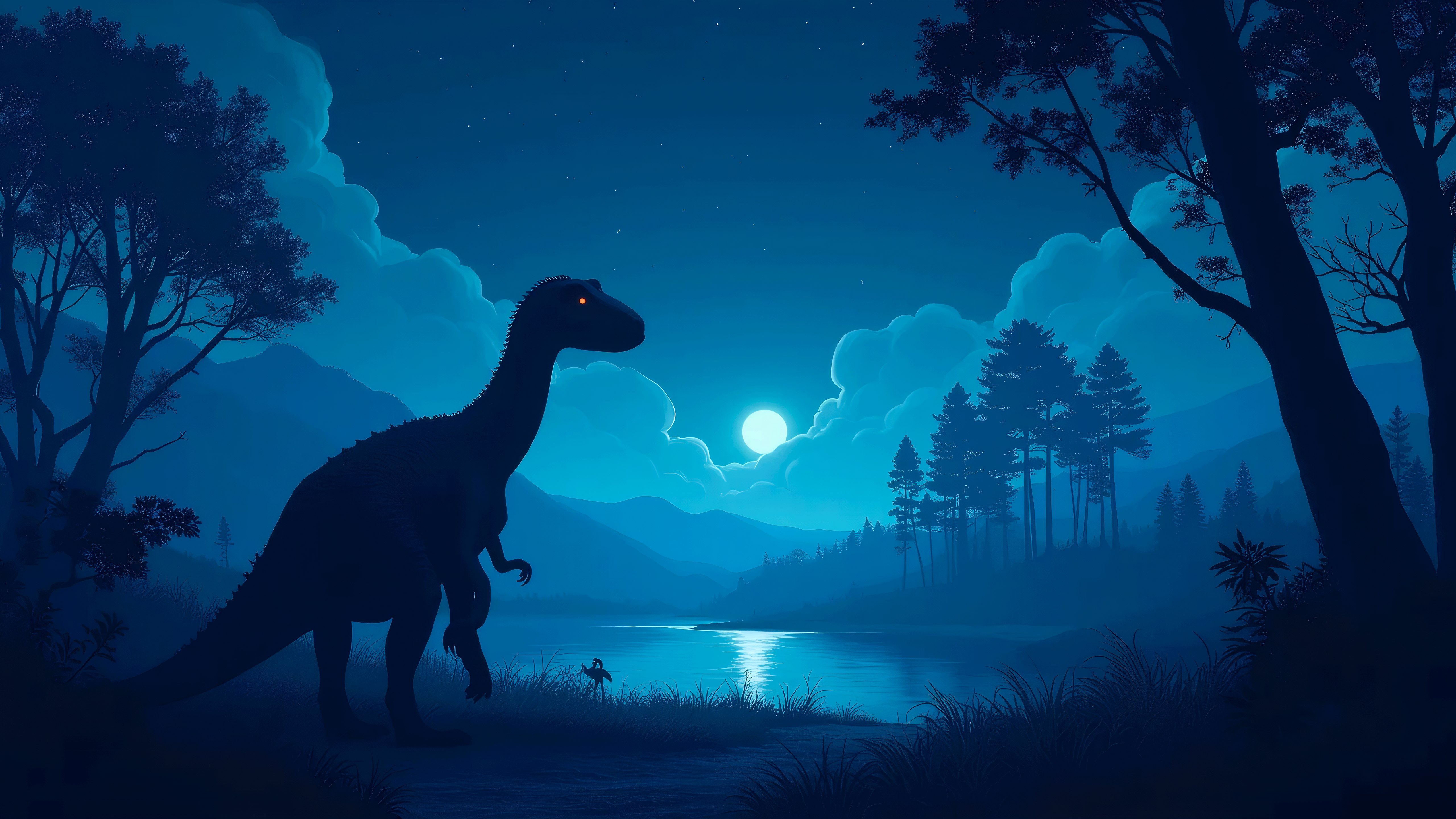 Fondos de pantalla Dinosaur in a nighttime natural landscape