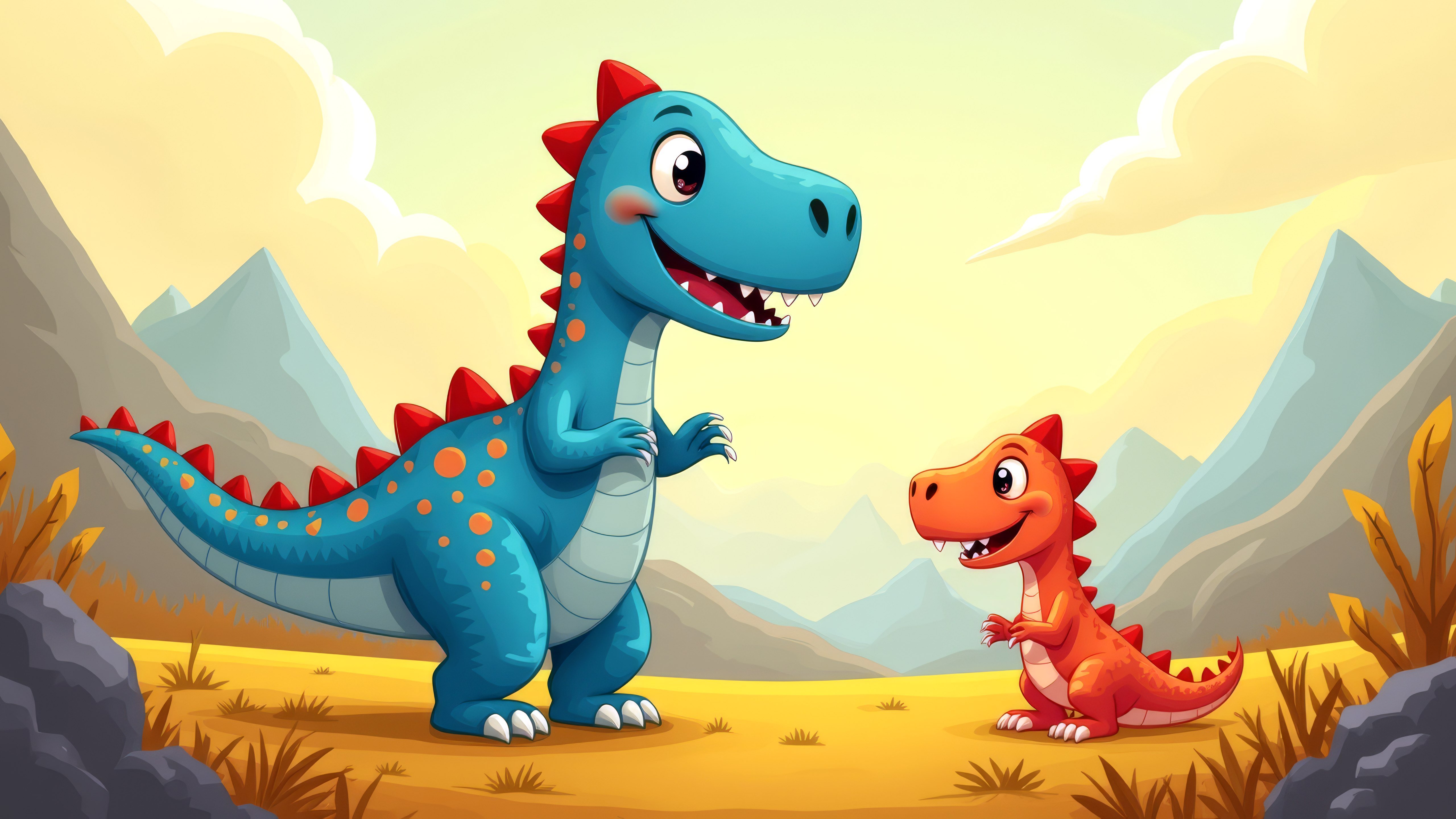 Fondos de pantalla Dinosaurios animados en paisaje de montañas