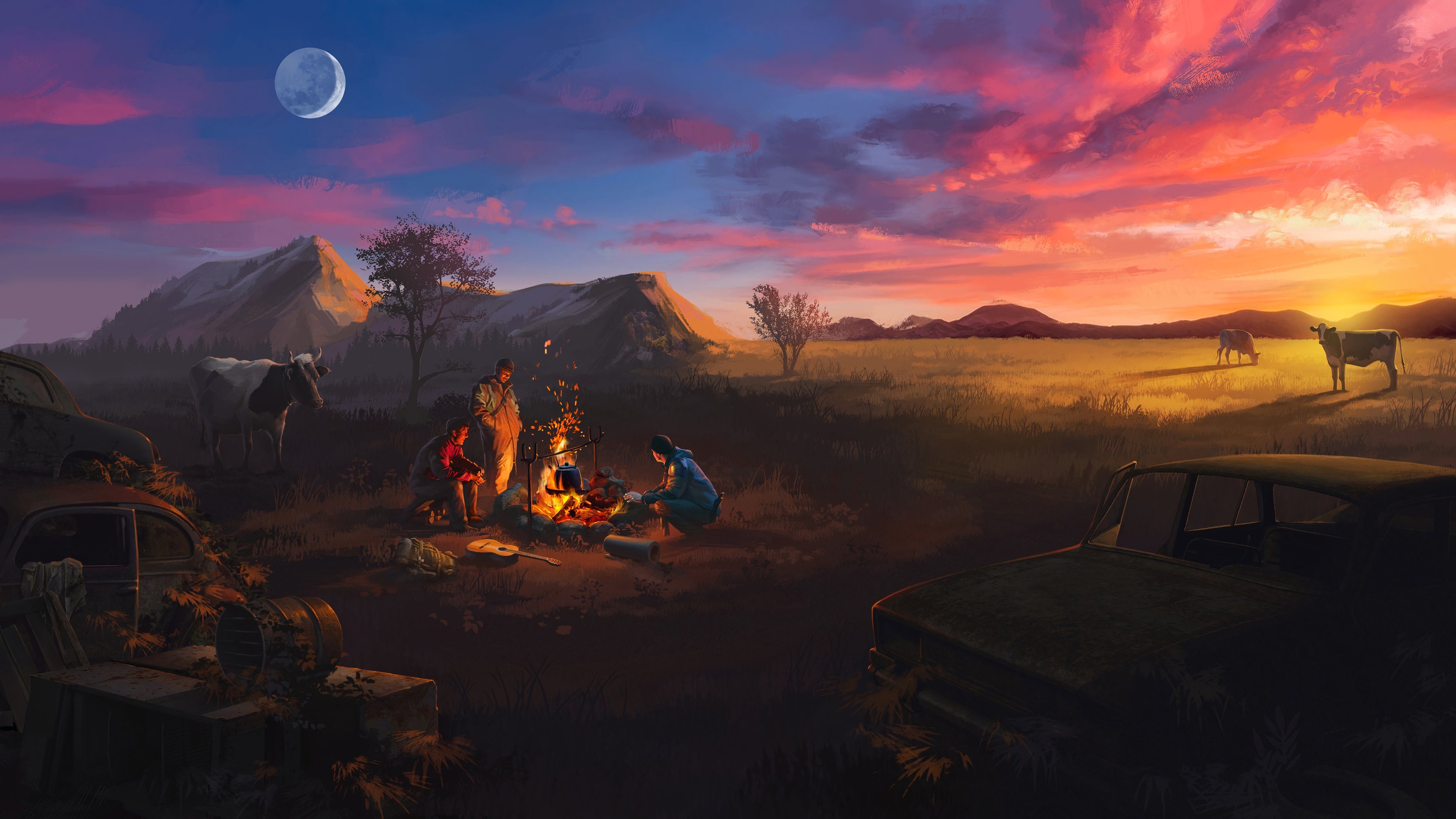 Wallpaper Bonfire while camping at sunset artwork
