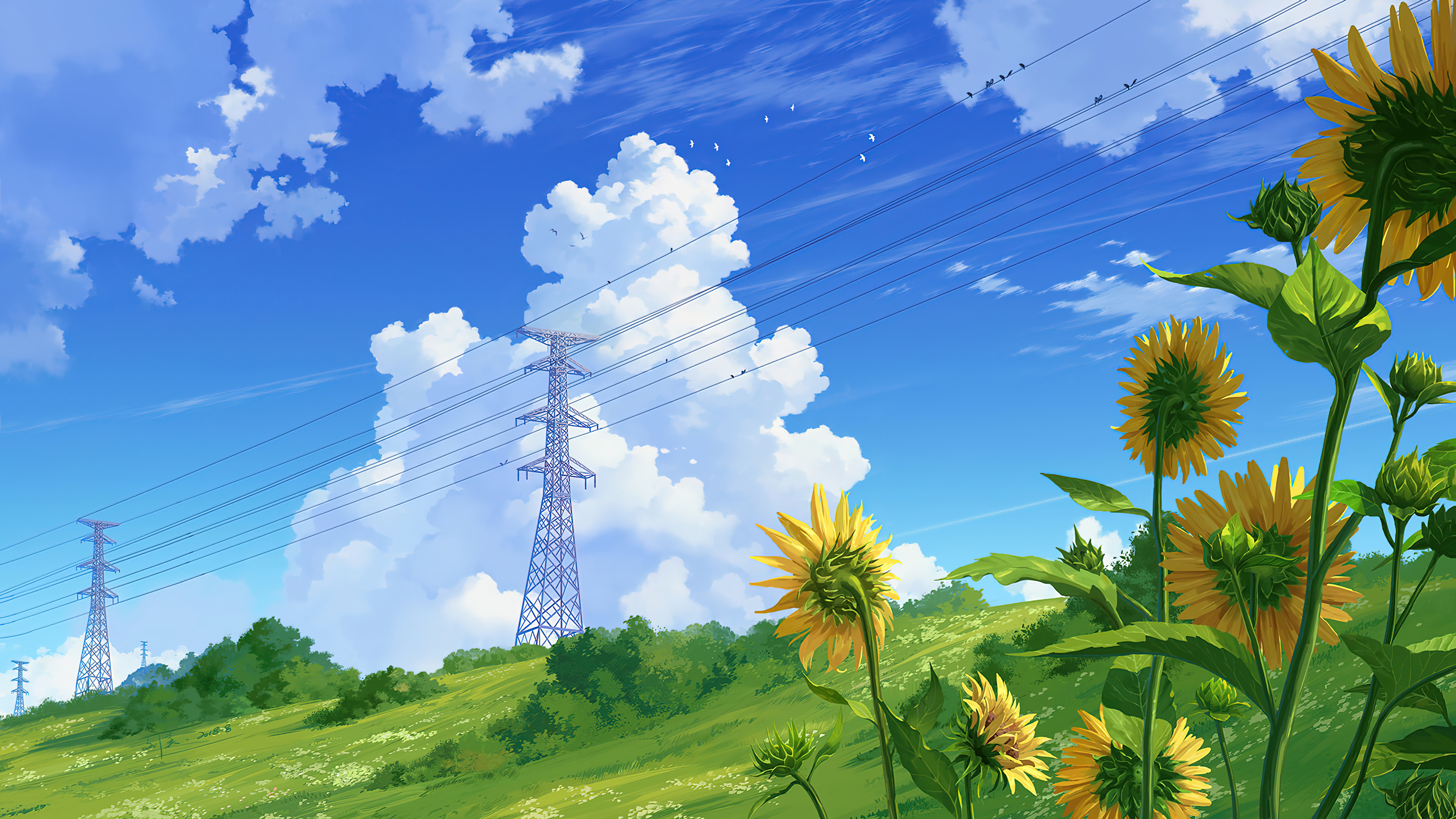Wallpaper Girasoles en día de verano Anime