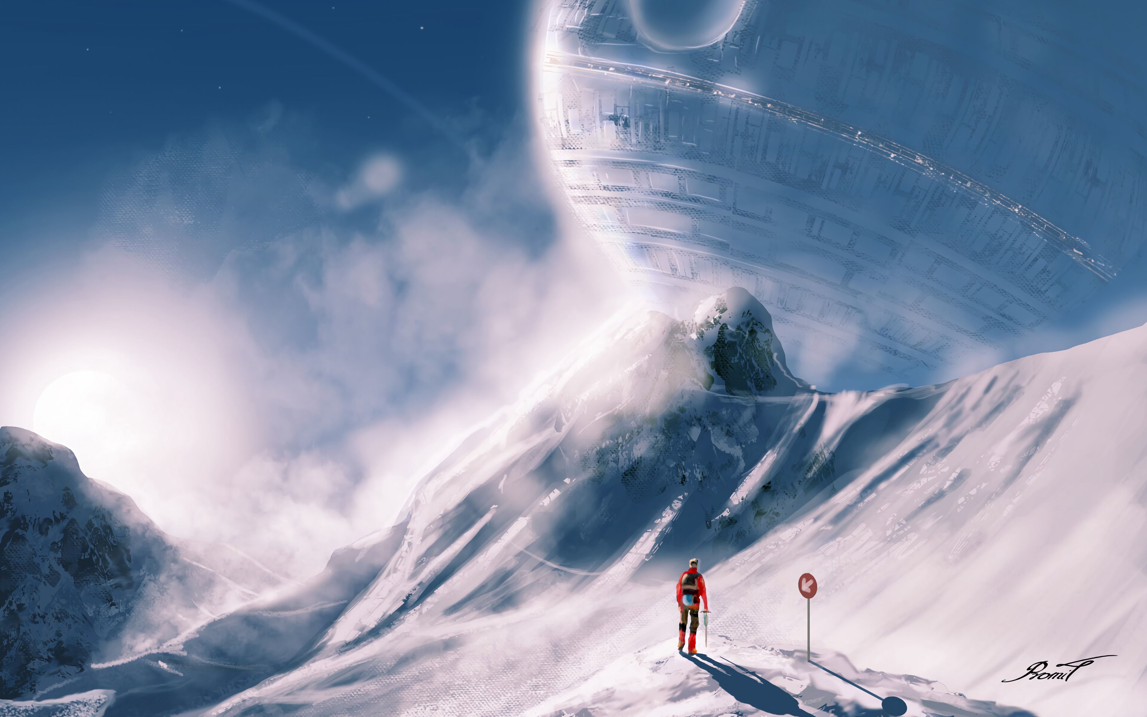 Wallpaper Man beside spaceship in snow