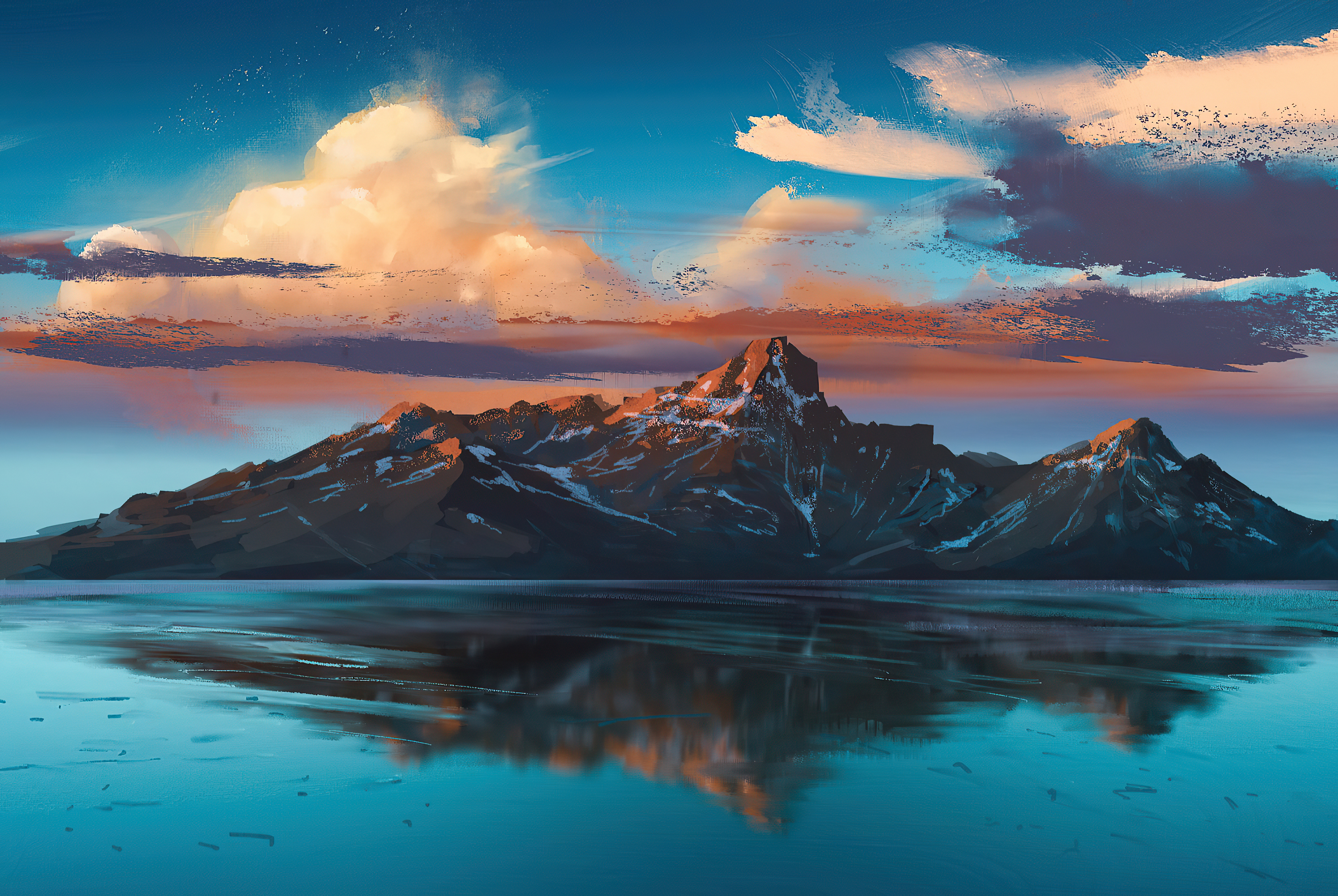 Fondos de pantalla Mountain in lake at sunrise Illustration