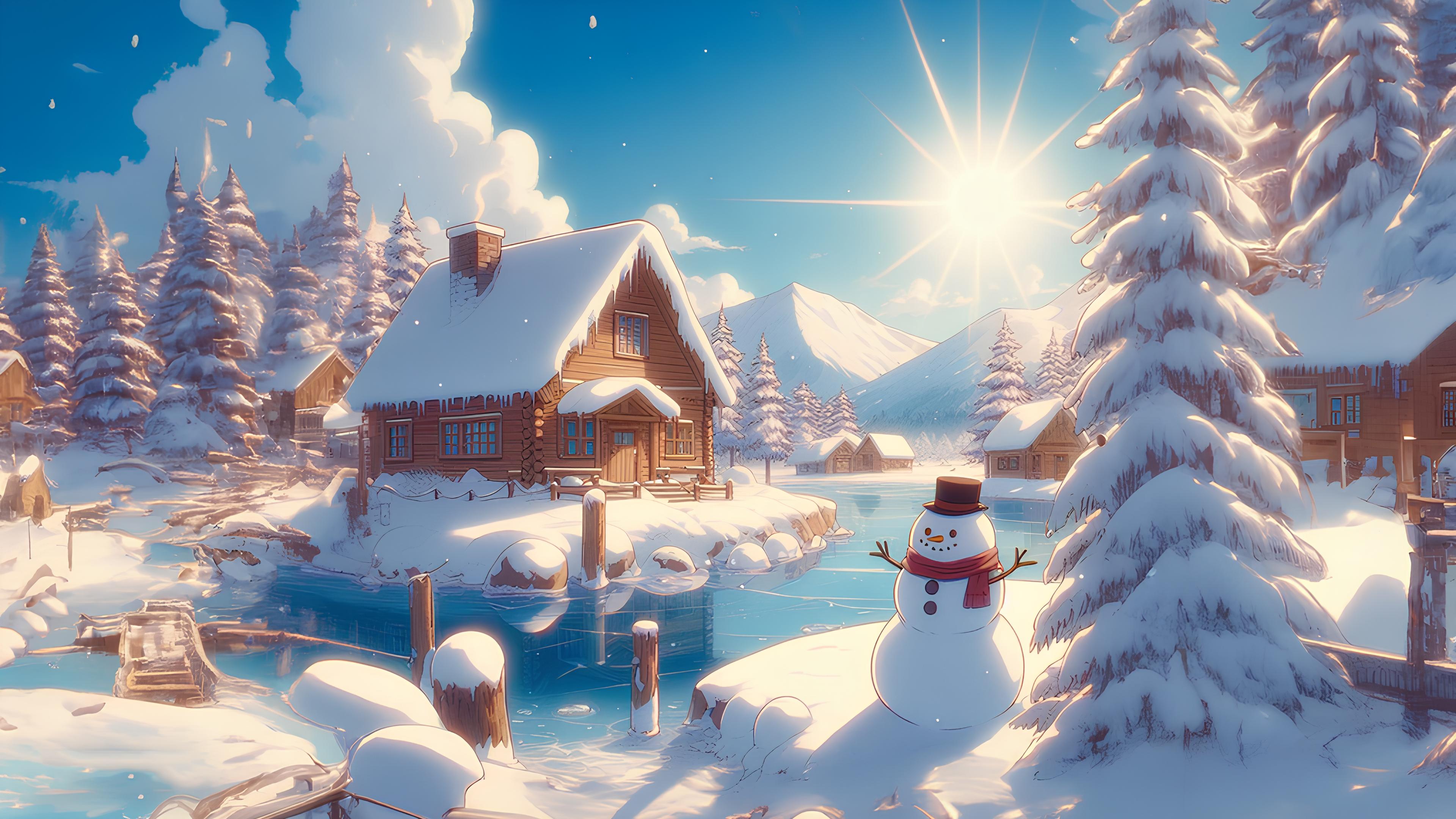 Fondos de pantalla Ilustración paisaje de amanecer navideño