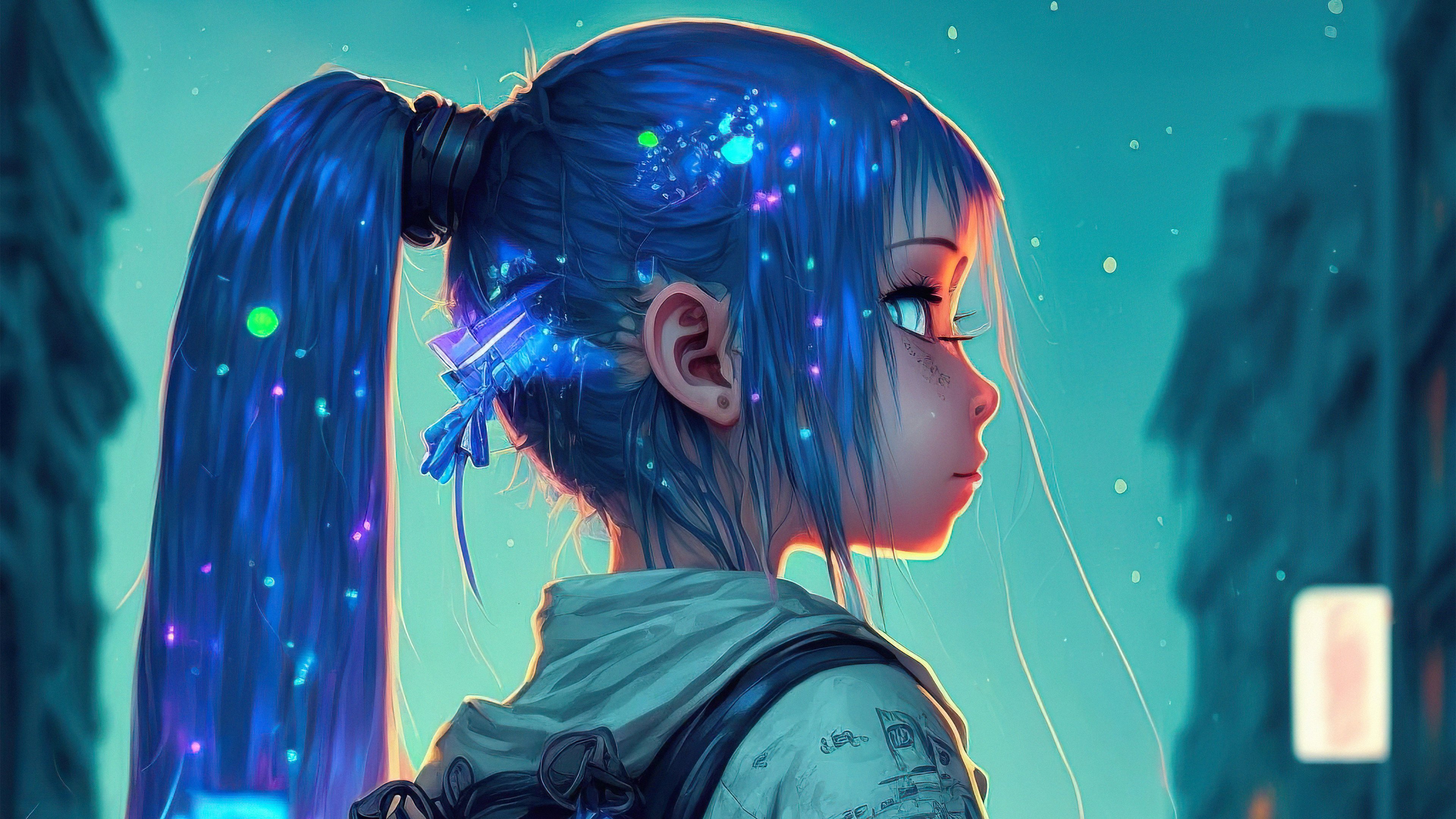 Fondos de pantalla Intuición Chica con cabello azul y luces