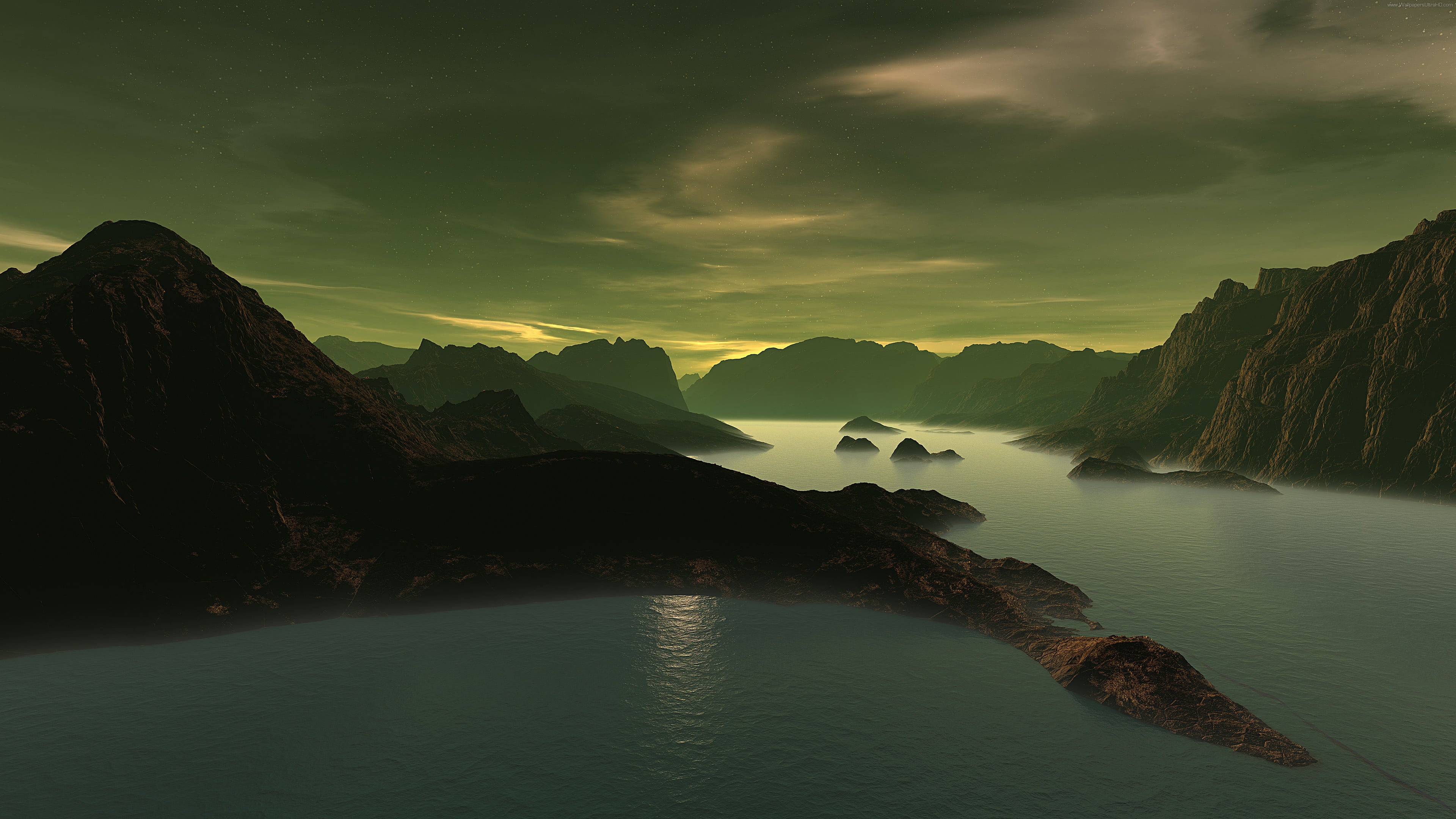 Fondos de pantalla Lake Mountains Dusk 3D Art