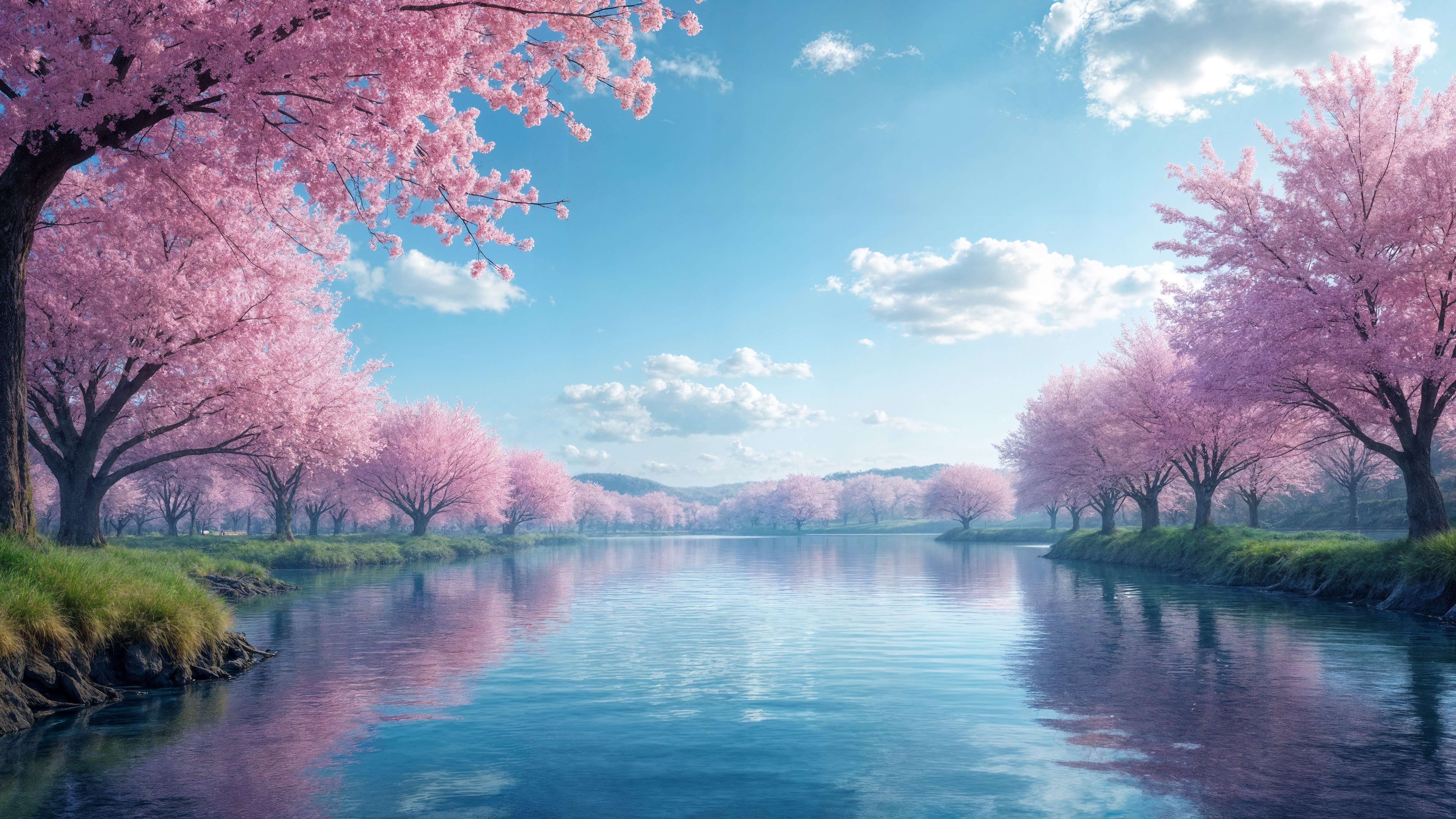 Fondos de pantalla Lake Surrounded by Cherry Blossom Trees in Spring Scenic Landscape