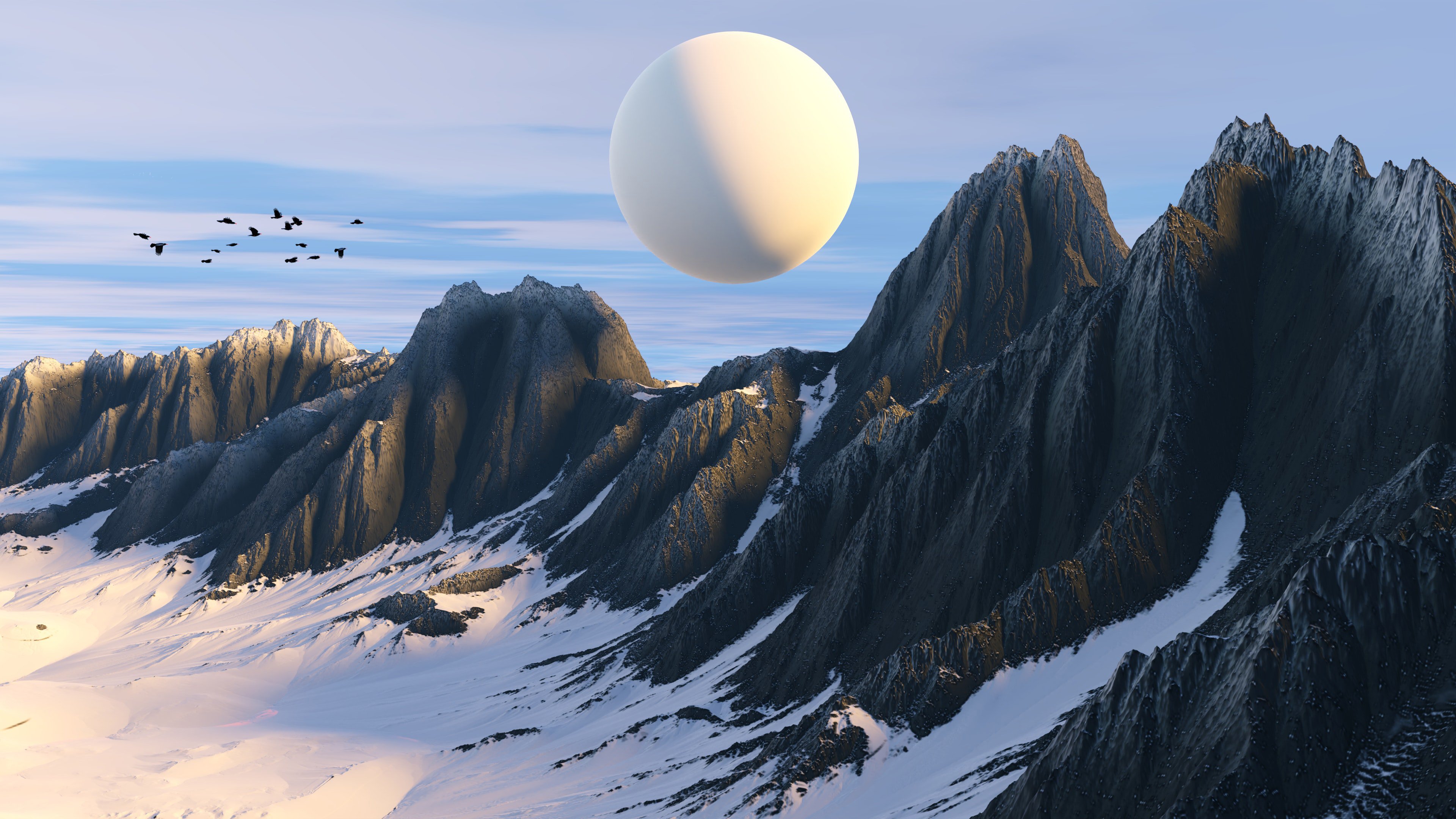 Fondos de pantalla Montañas con planeta cerca 3D Ilustración