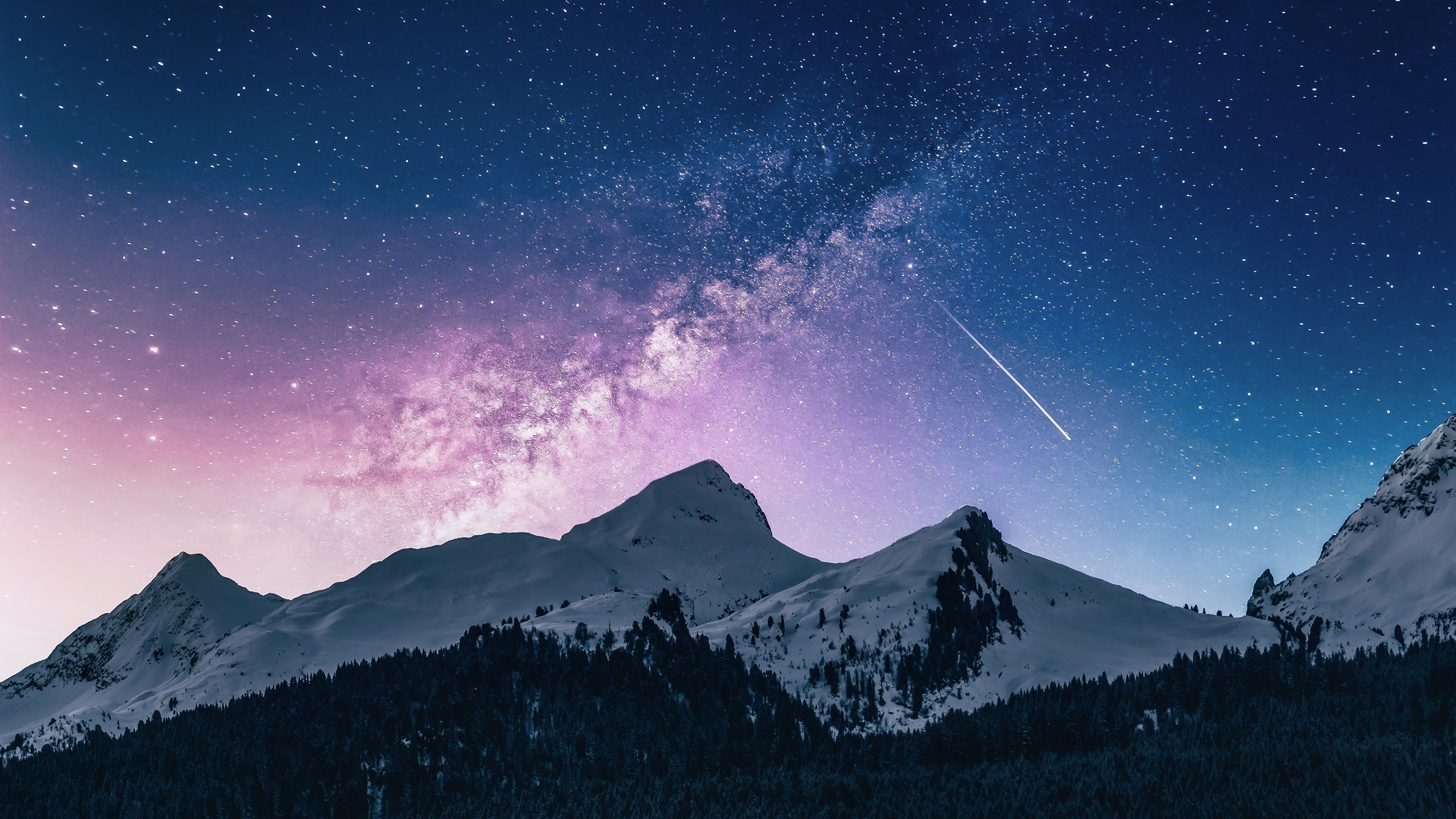 Wallpaper Snowy mountains sky with stars and comet