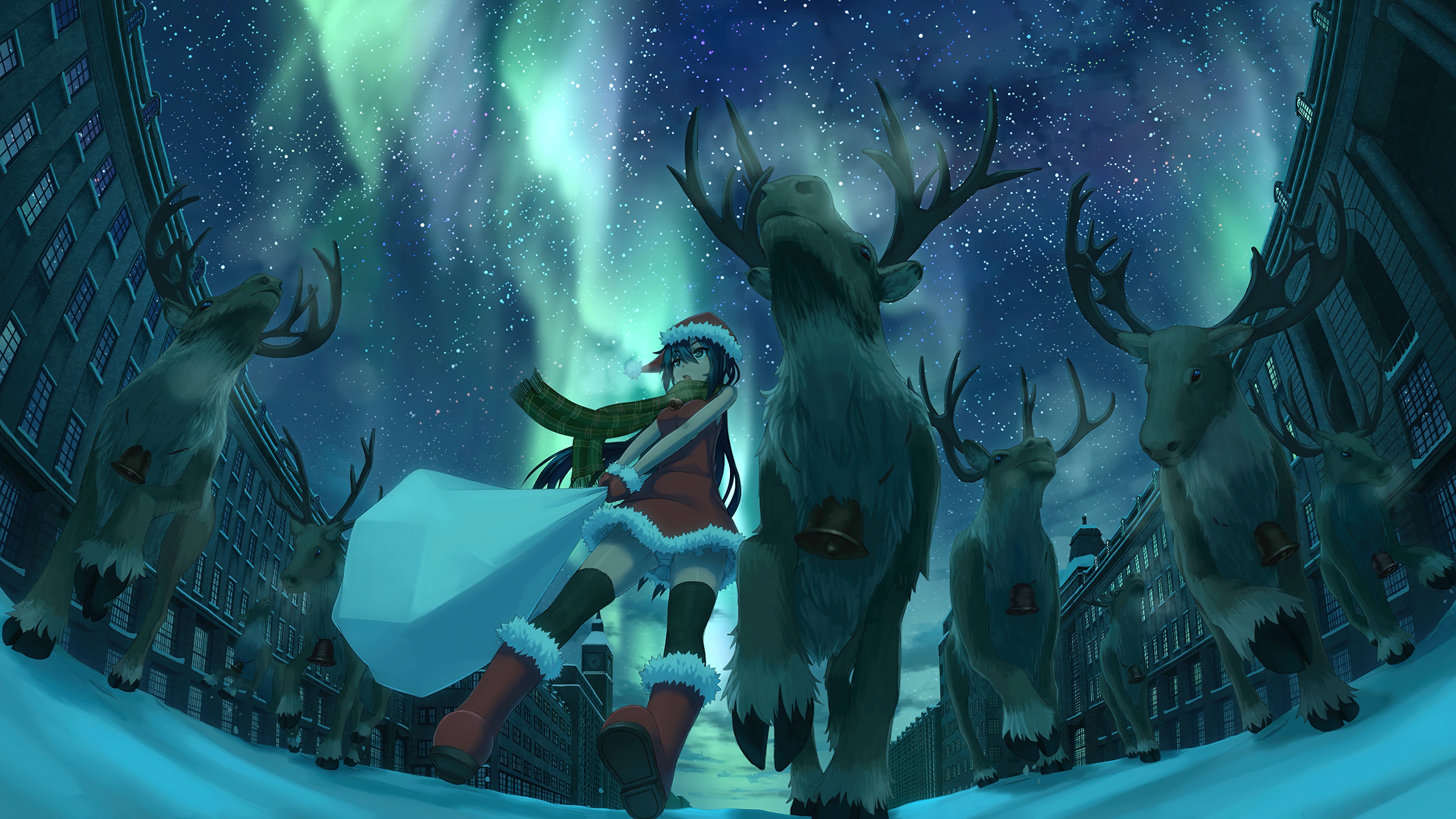 Fondos de pantalla Navidad reno anime santa niña aurora boreal