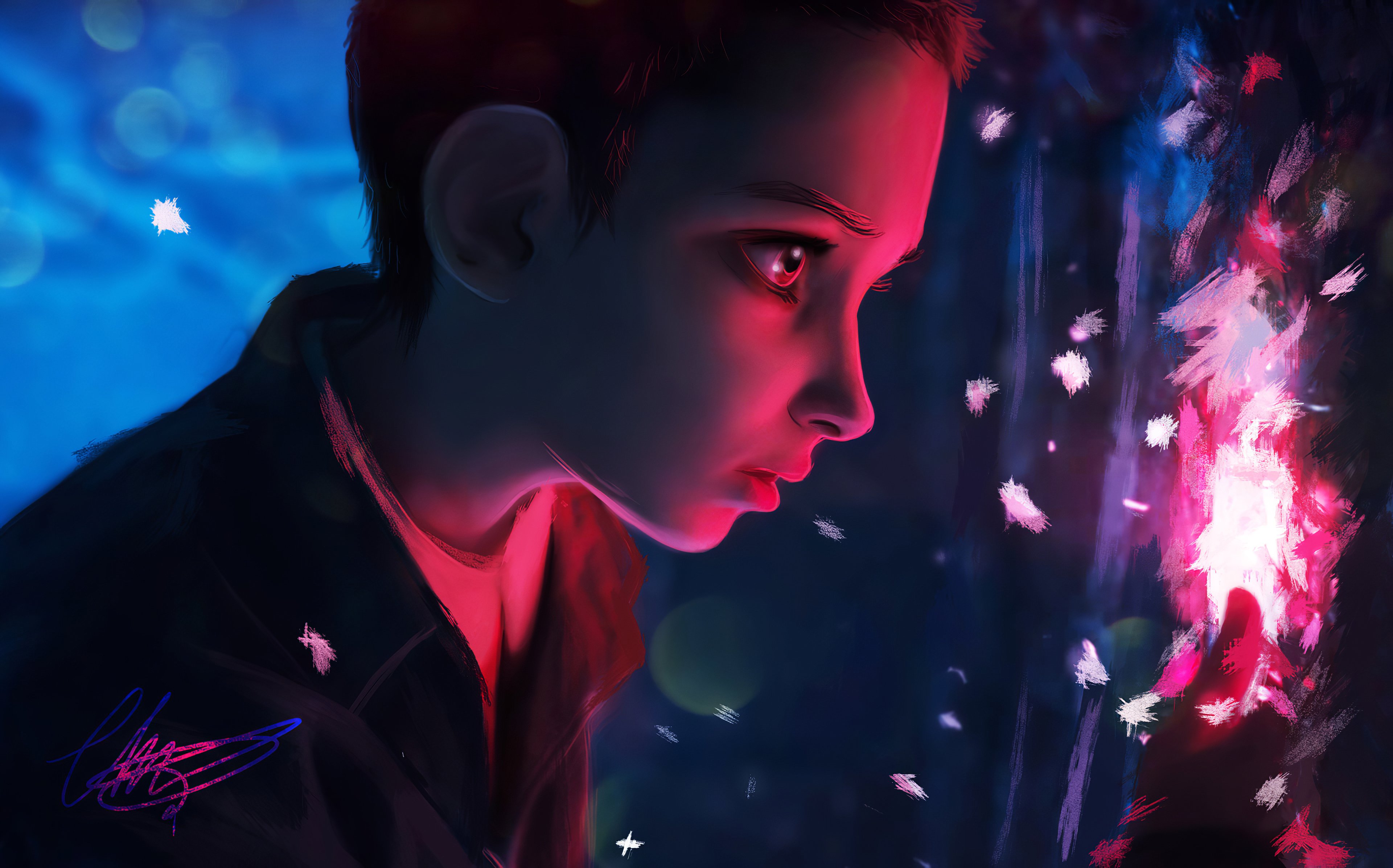 Wallpaper Eleven from Stranger things looking at a light